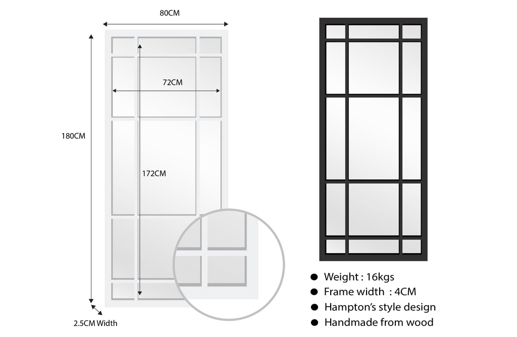 Hampton’s large rectangle 80x180cm window style mirror in black and white finish.