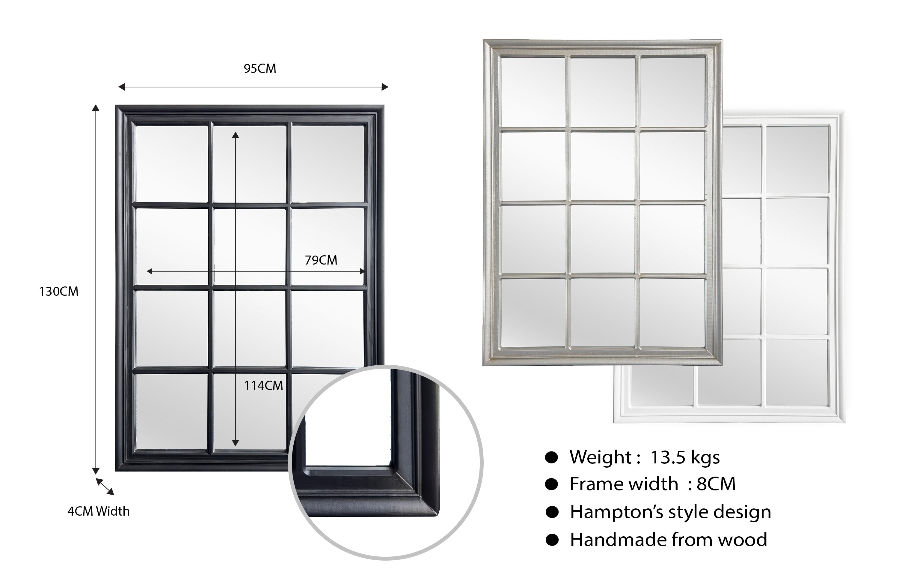 Hampton’s medium rectangle window style mirror in black, white, and silver with size guide.