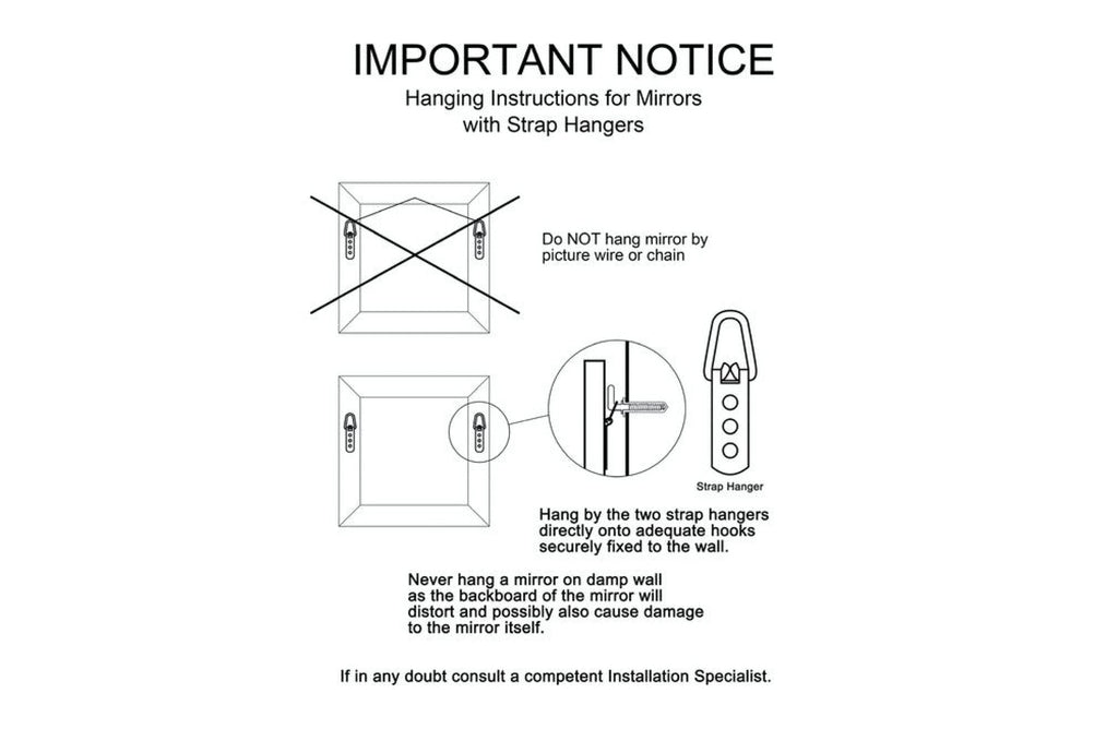 Hanging instructions for Hampton’s window style mirrors with strap hangers.