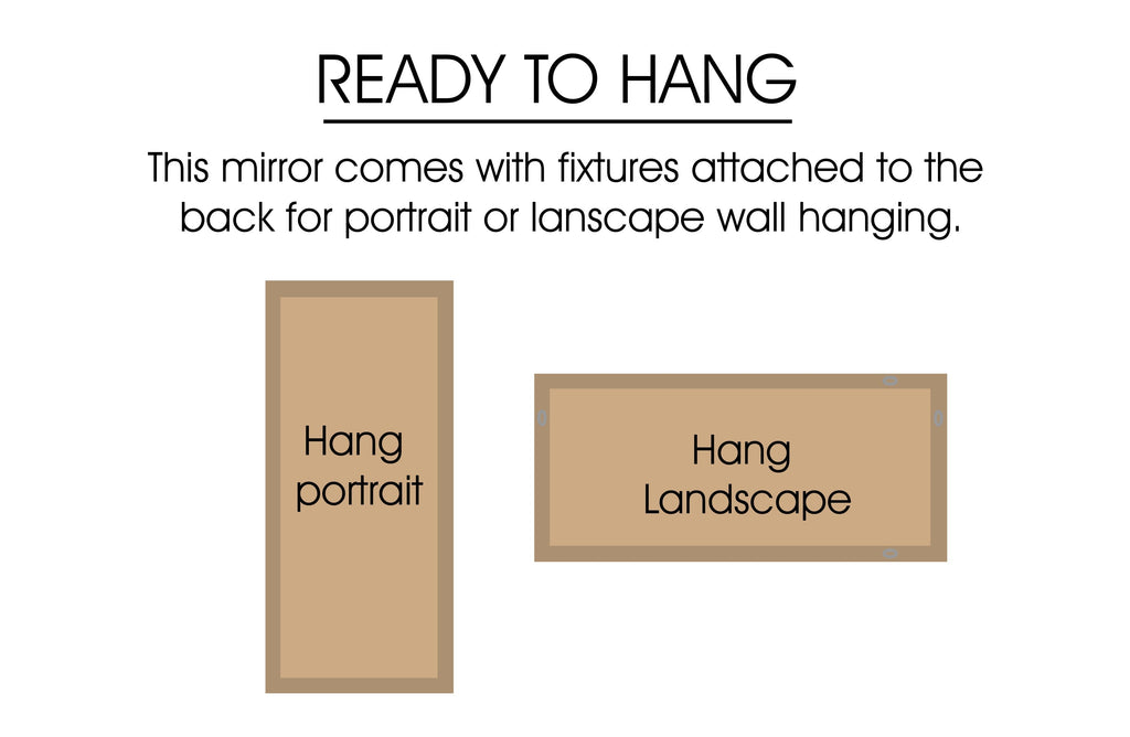 Hampton’s window style mirrors ready to hang with fixtures for portrait or landscape.