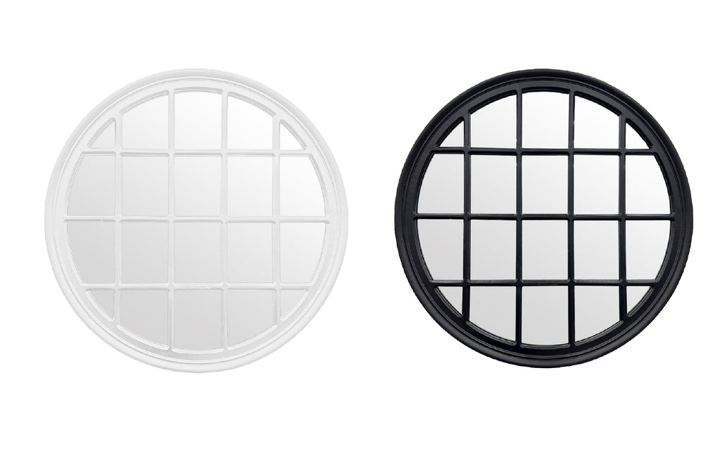 Hampton's round window style mirrors in matte black and white, handcrafted wooden frames.