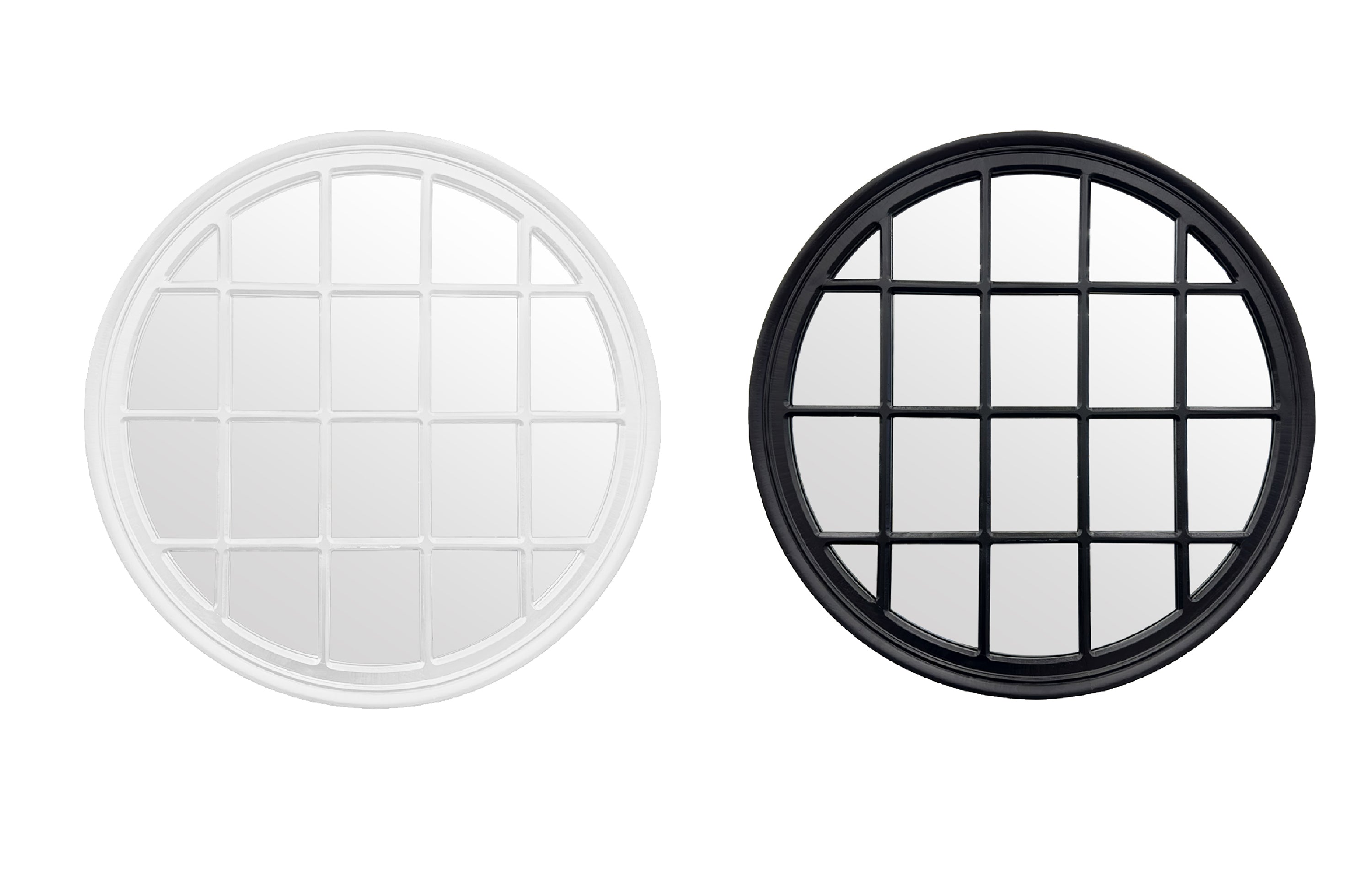 Hampton's round window style mirrors in matte black and white, handcrafted wooden frames.