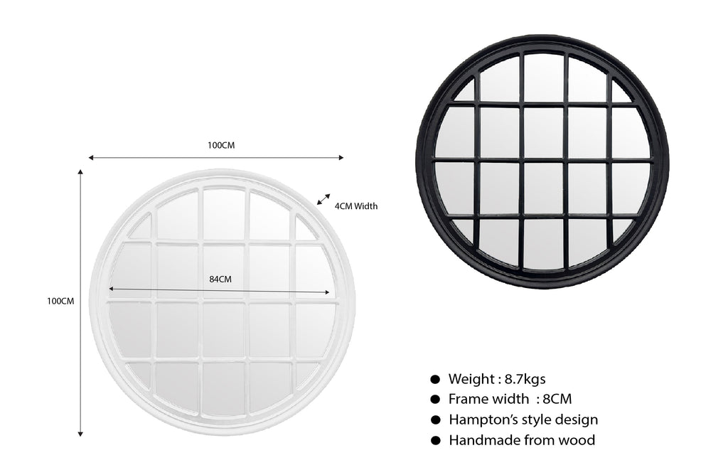 Dimensions of Hampton's round window style mirror, available in black and white finish.