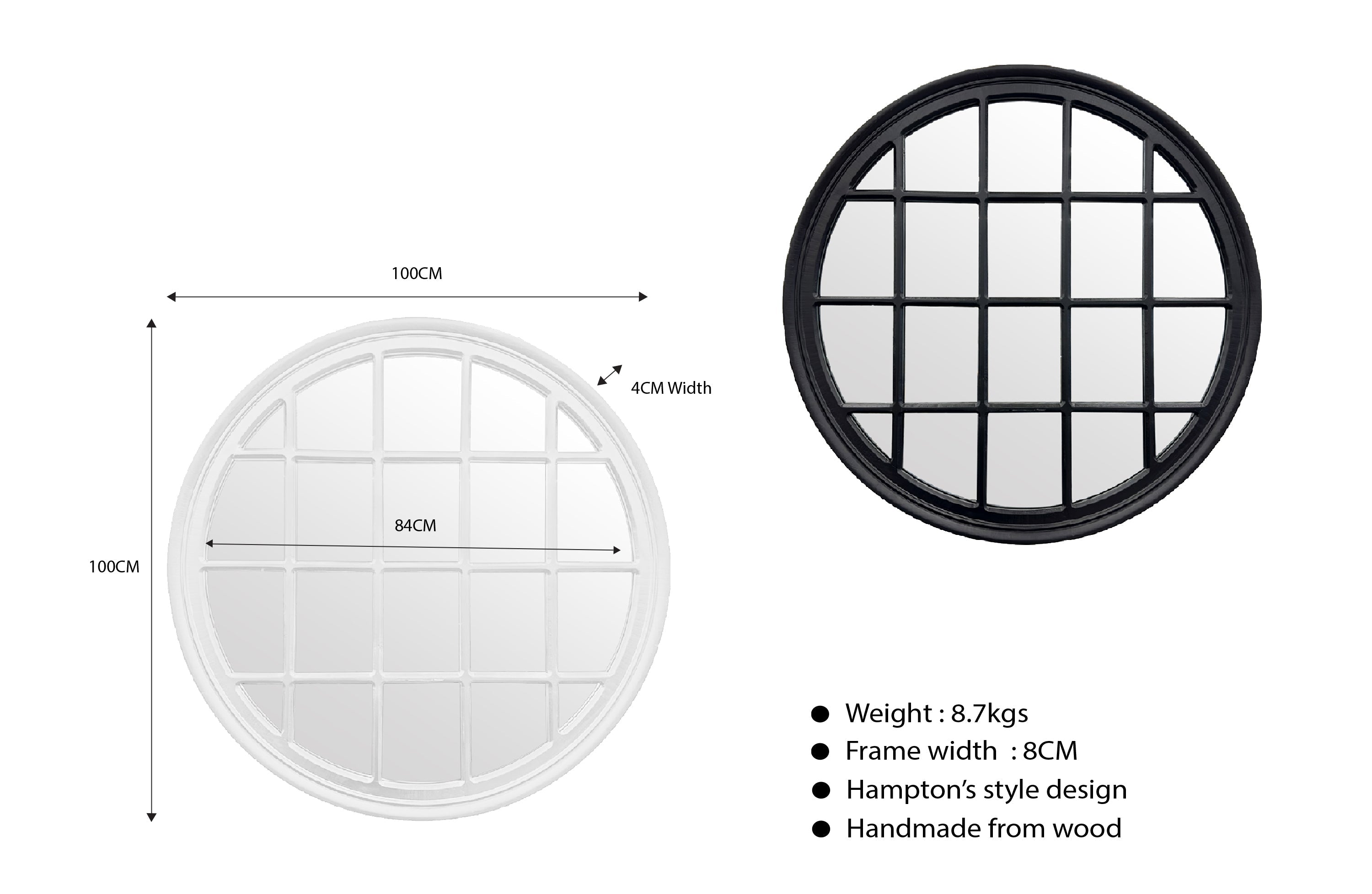 Dimensions of Hampton's round window style mirror, available in black and white finish.