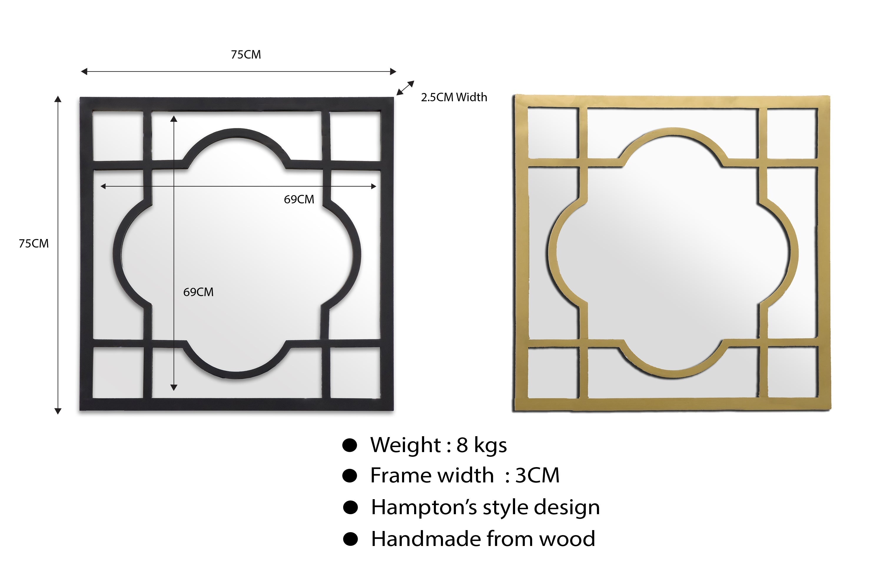 Hampton’s square window style mirror in black and gold with size and frame details.