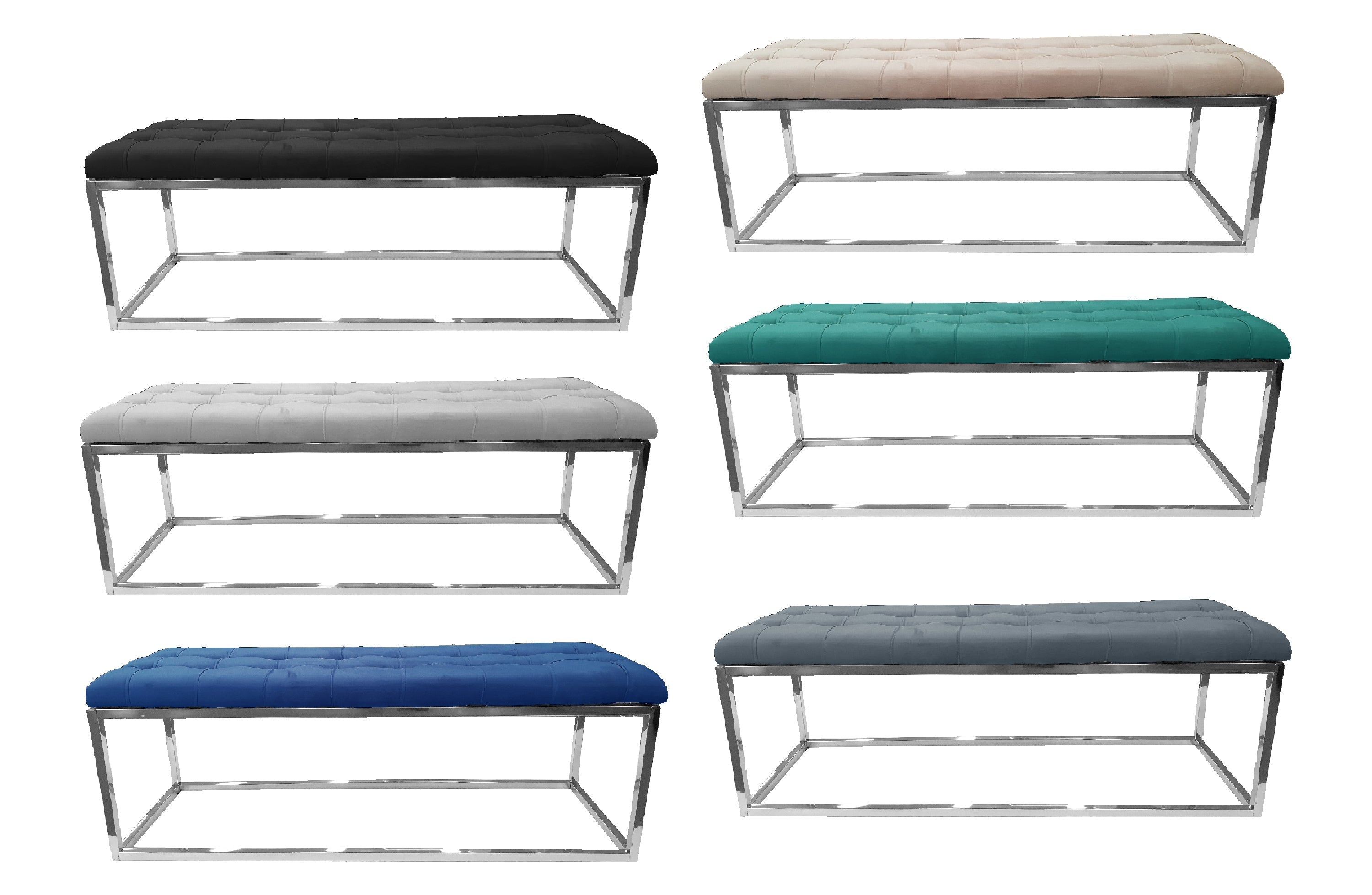 Holly Ottoman Bench with silver frame, tufted velvet seat, stylish and versatile design.