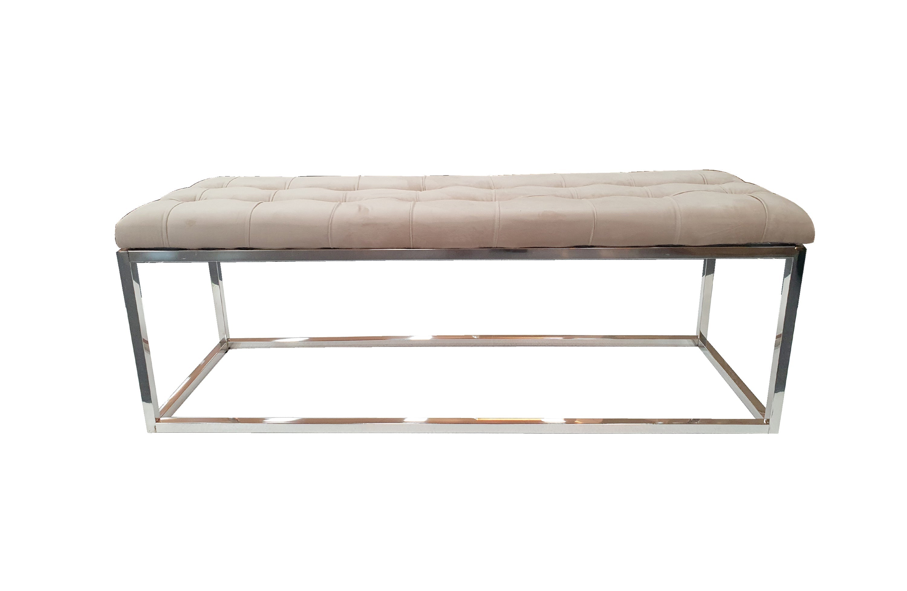 Beige Holly Ottoman Bench with silver polished frame, tufted velvet seat, versatile design.
