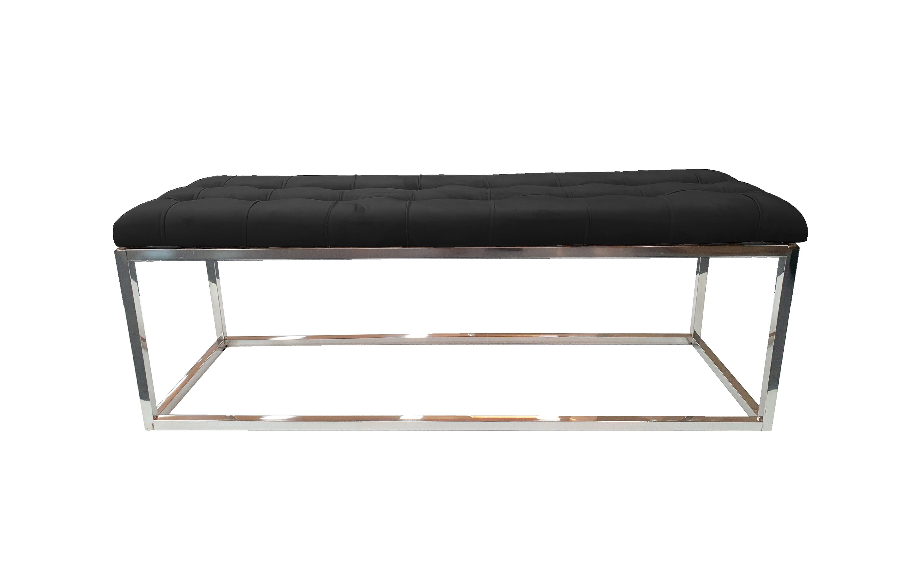 Black Holly Ottoman Bench with silver frame, modern tufted velvet seat, stylish look.