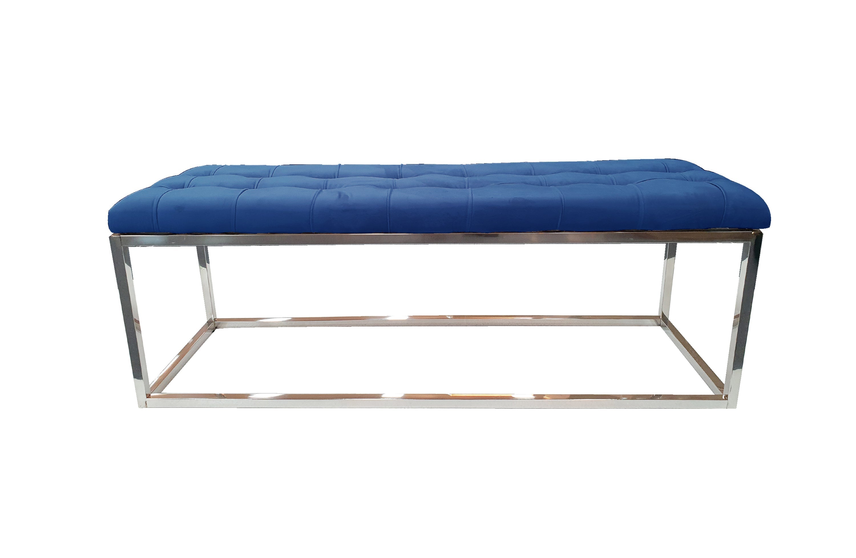 Blue Holly Ottoman Bench featuring silver polished frame and tufted velvet upholstery for modern elegance.