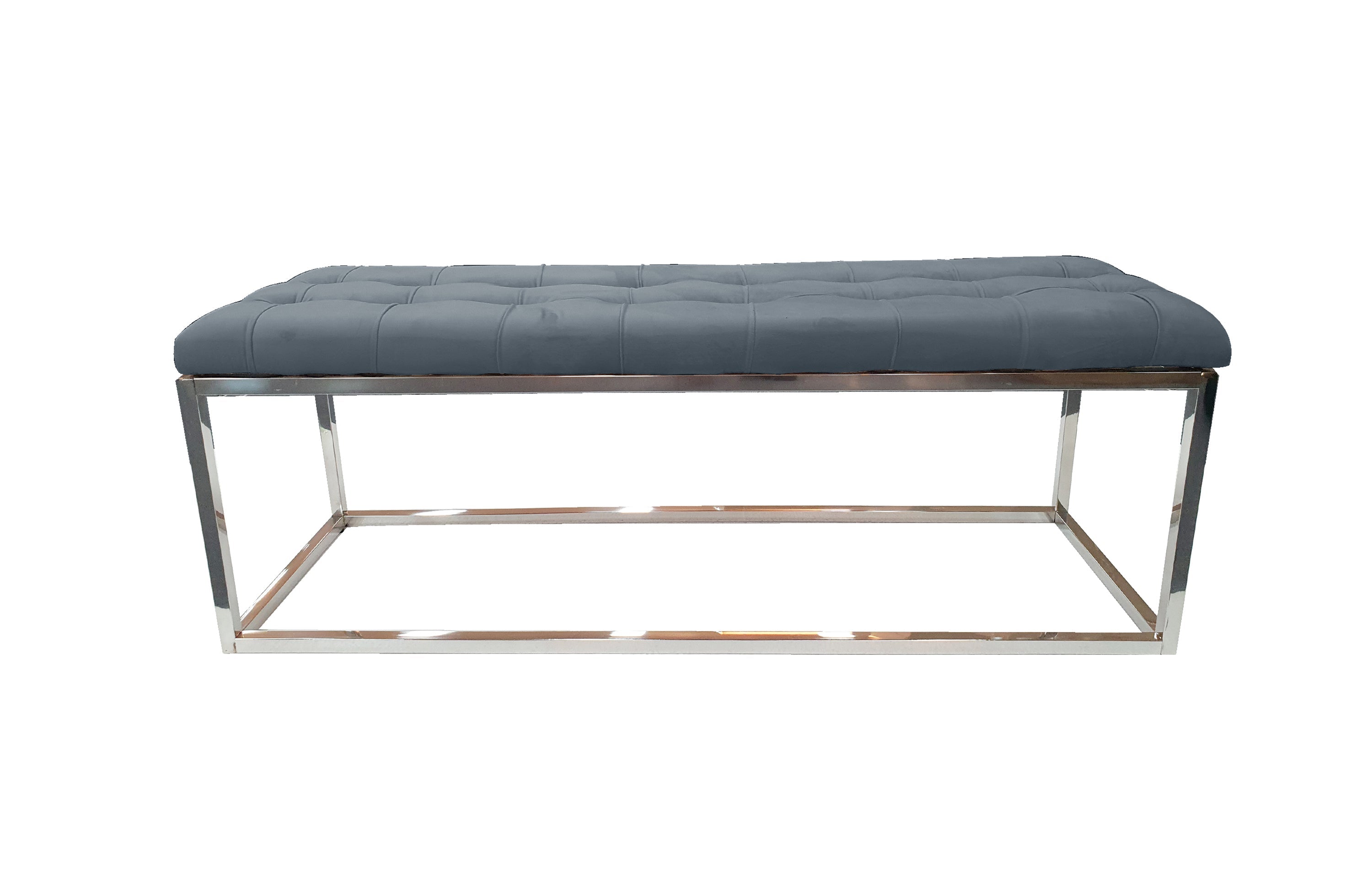 Grey Holly Ottoman Bench with silver frame, tufted velvet seat, elegant design