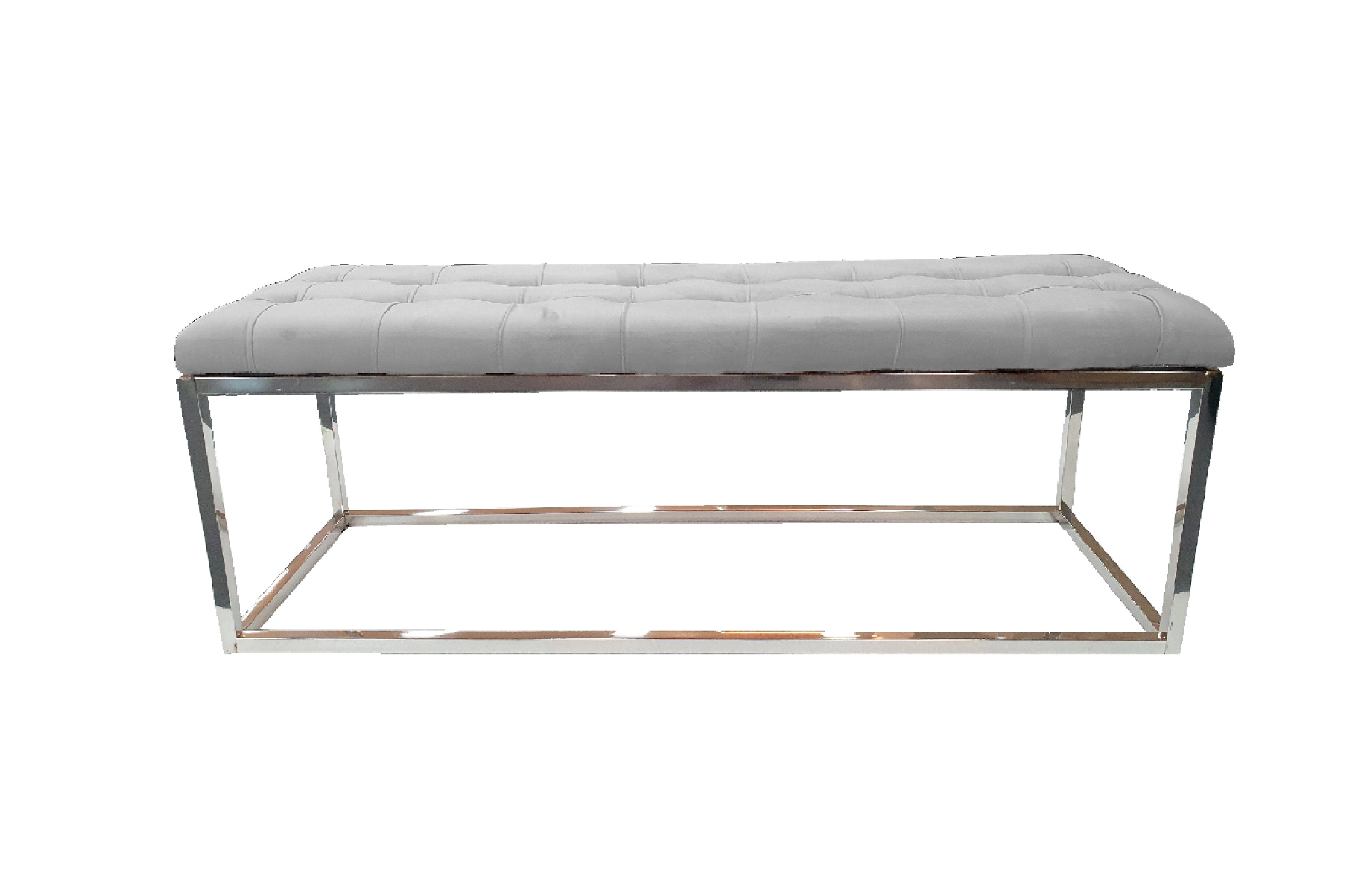 Light Grey Holly Ottoman Bench with silver steel frame and tufted velvet seating.