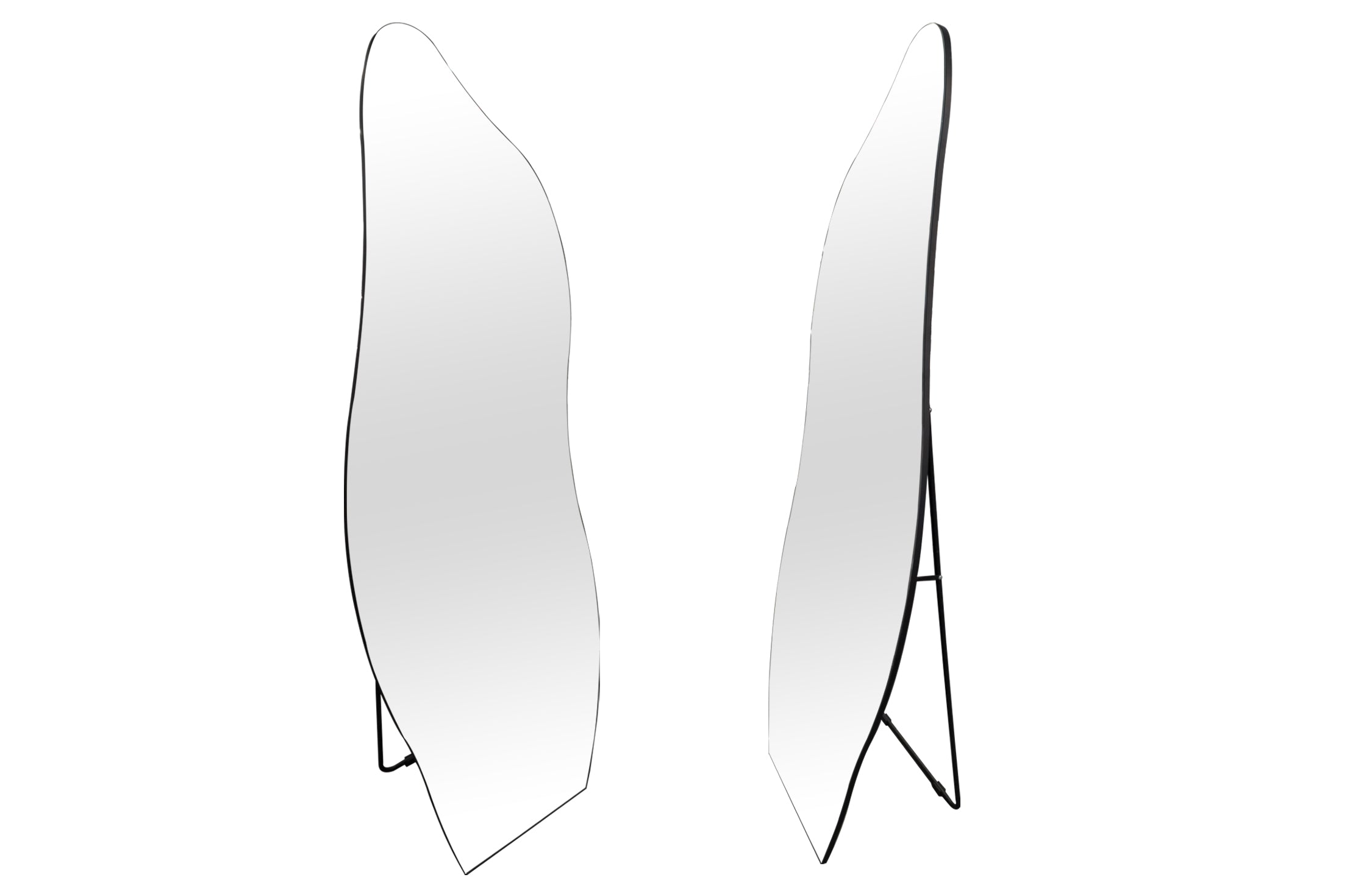 Irregular free standing mirror with sleek frameless design, unique shape and slim metal stand.