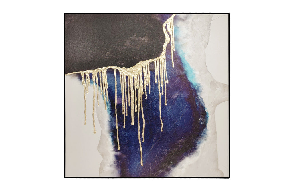 Striking blue and black abstract wall art with dripping gold foil accents.