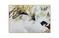 Elegant gold foil bird wall art with flowing abstract patterns on white backdrop.