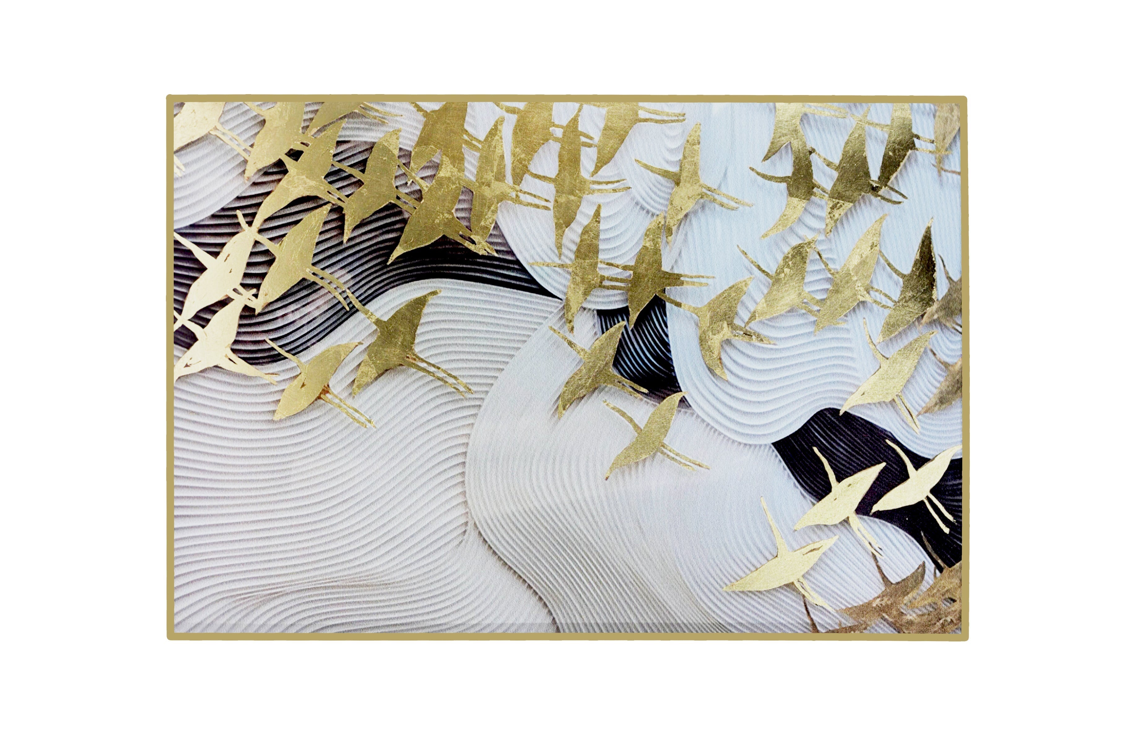 Elegant gold foil bird wall art with flowing abstract patterns on white backdrop.