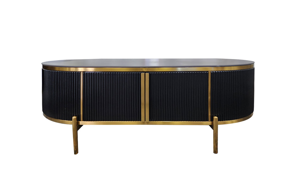 Kingsley black coffee table with gold trim and oval black marble top