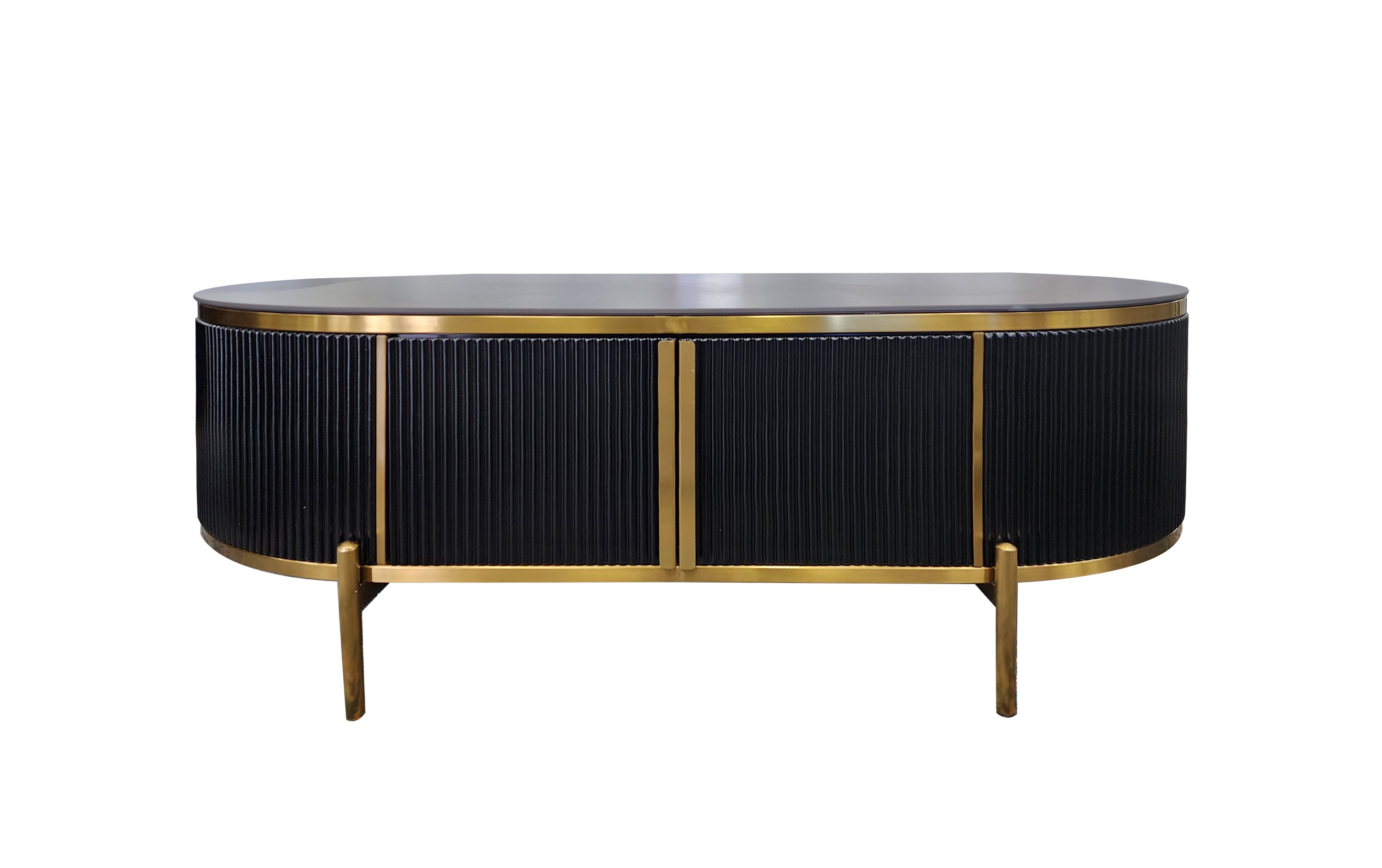 Kingsley black coffee table with gold trim and oval black marble top