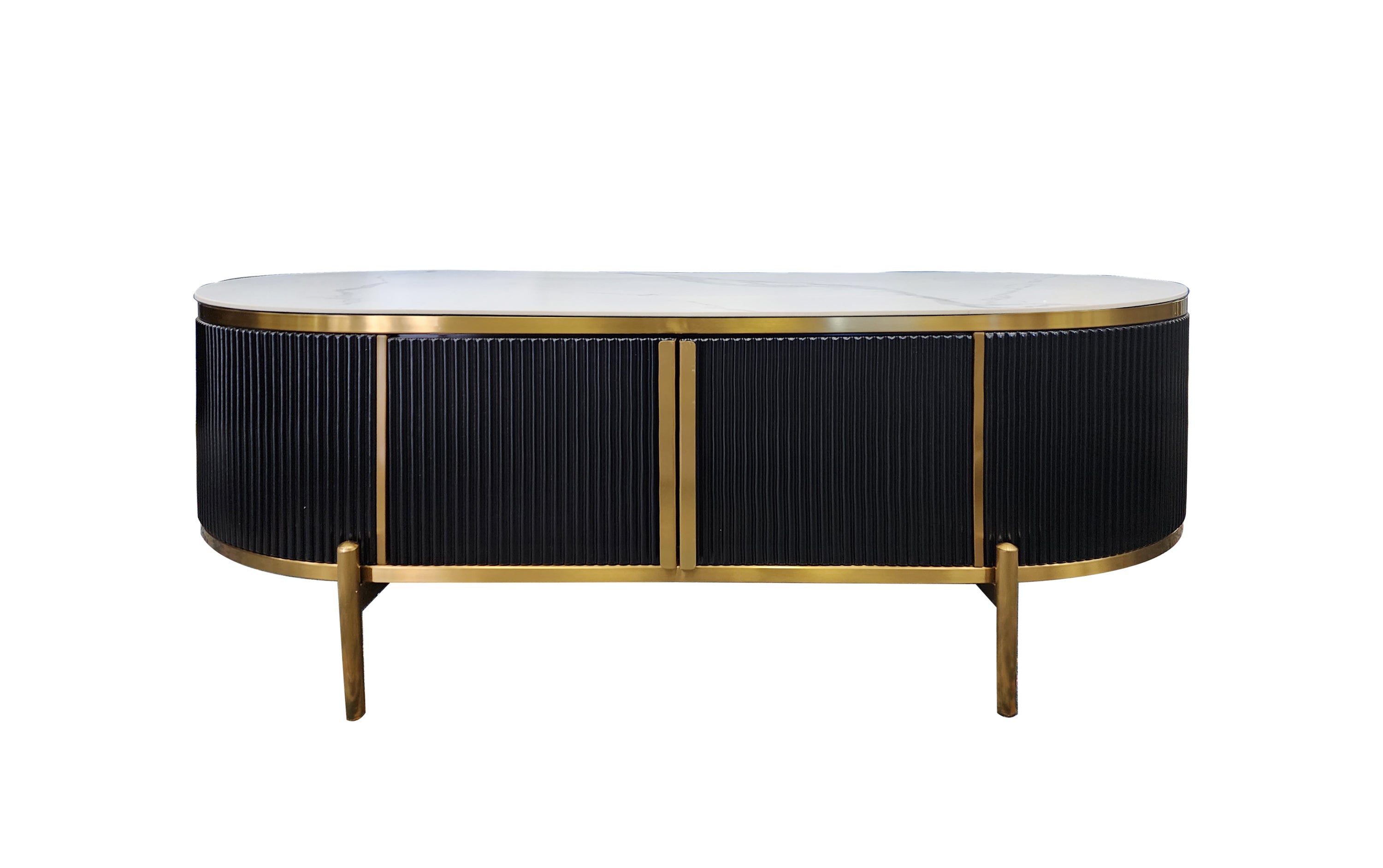Kingsley oval black coffee table with gold trim and white marble top
