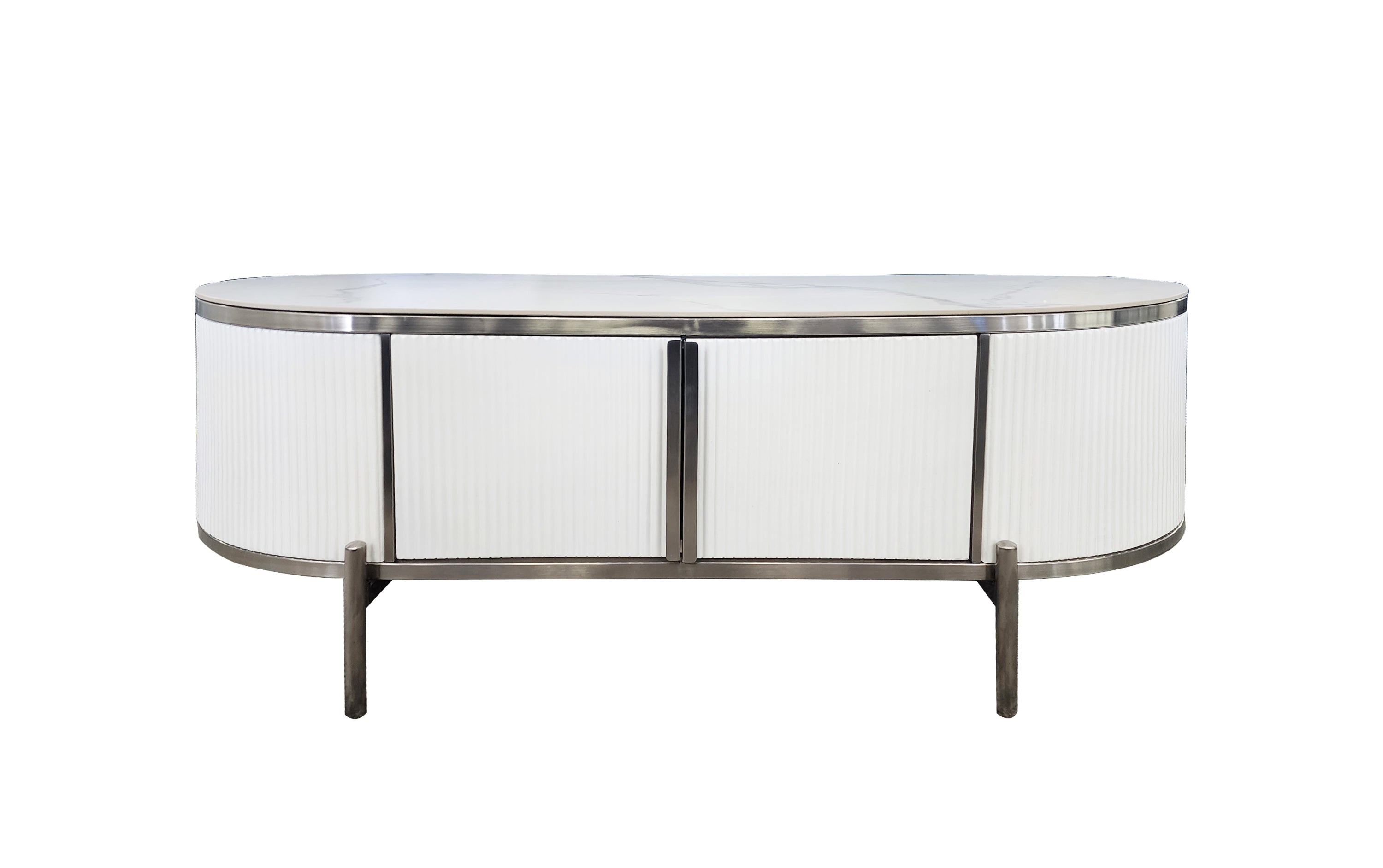 Kingsley white coffee table with silver trim and white marble surface