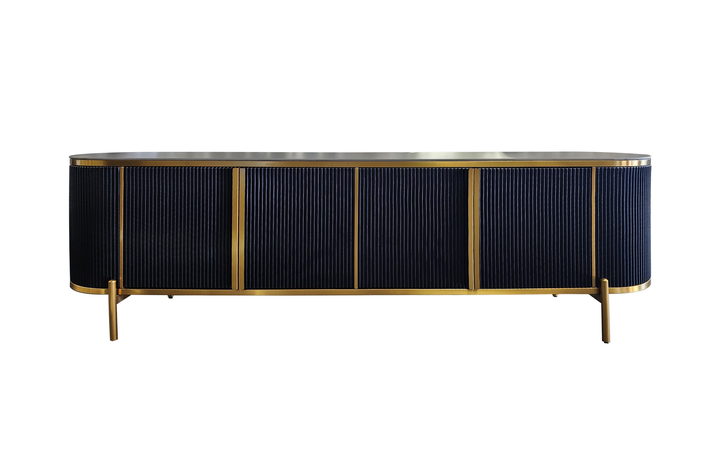 Luxurious Kingsley TV Unit in black base with black marble top and gold trim.