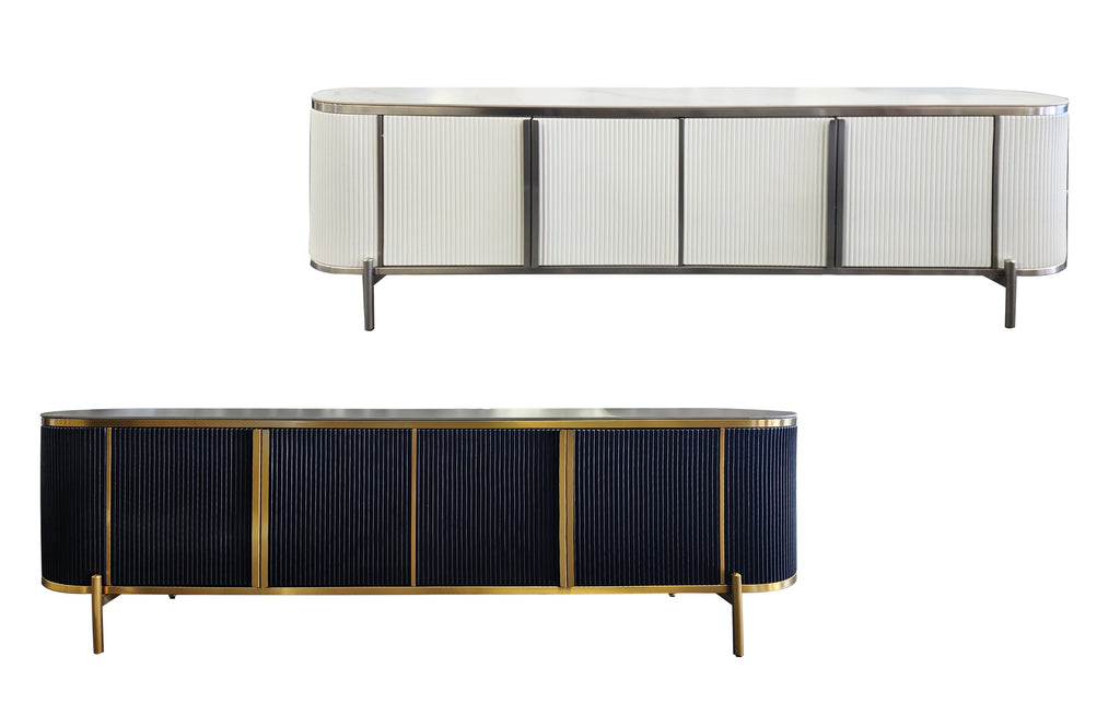 Kingsley TV Unit in black with gold trim and white with silver trim.