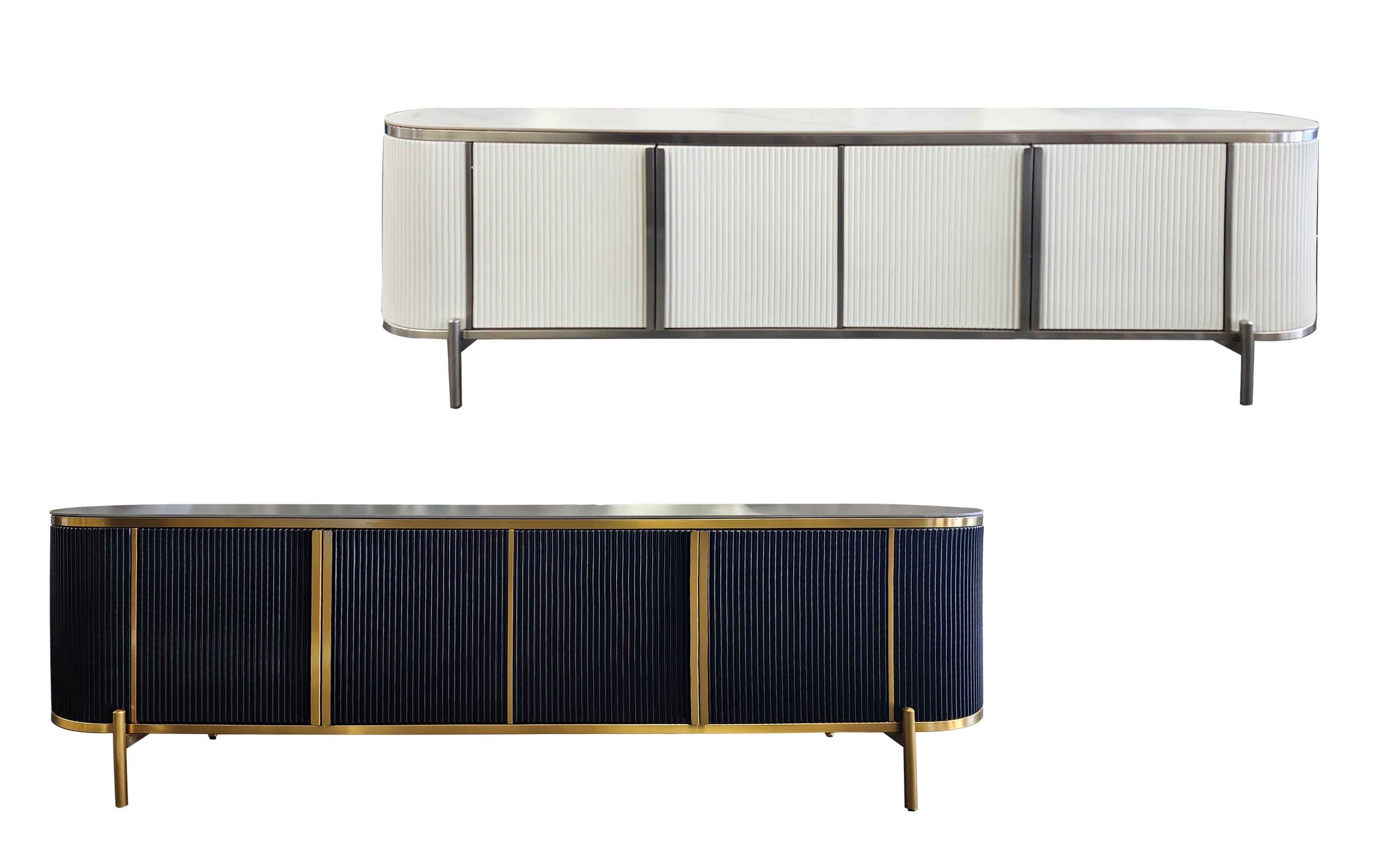 Kingsley TV Unit in black with gold trim and white with silver trim.