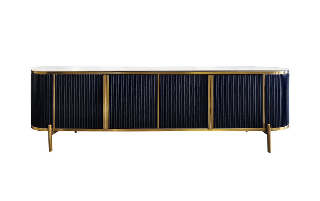 Kingsley TV Unit in black base with elegant white marble top and gold trim.