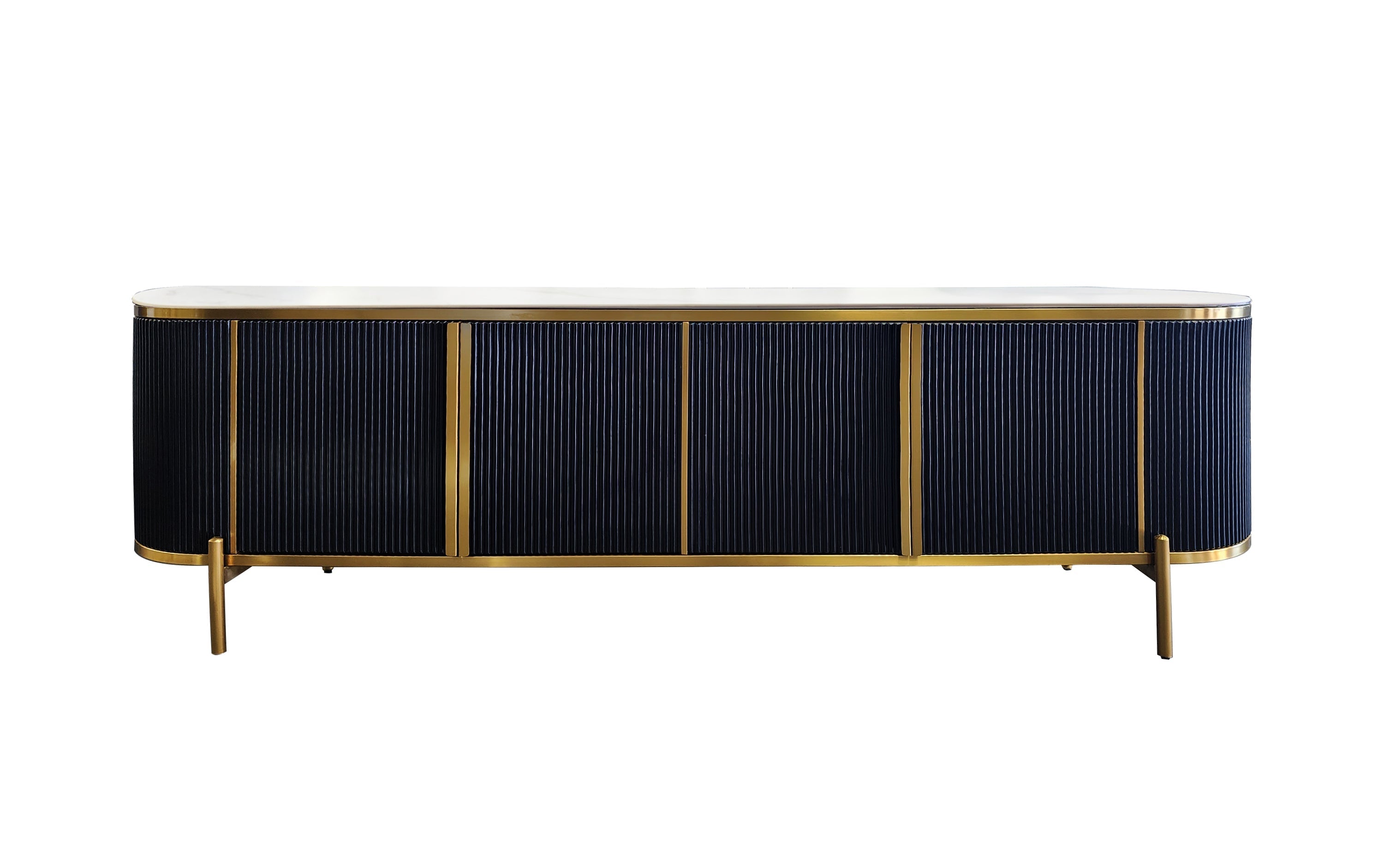 Kingsley TV Unit in black base with elegant white marble top and gold trim.