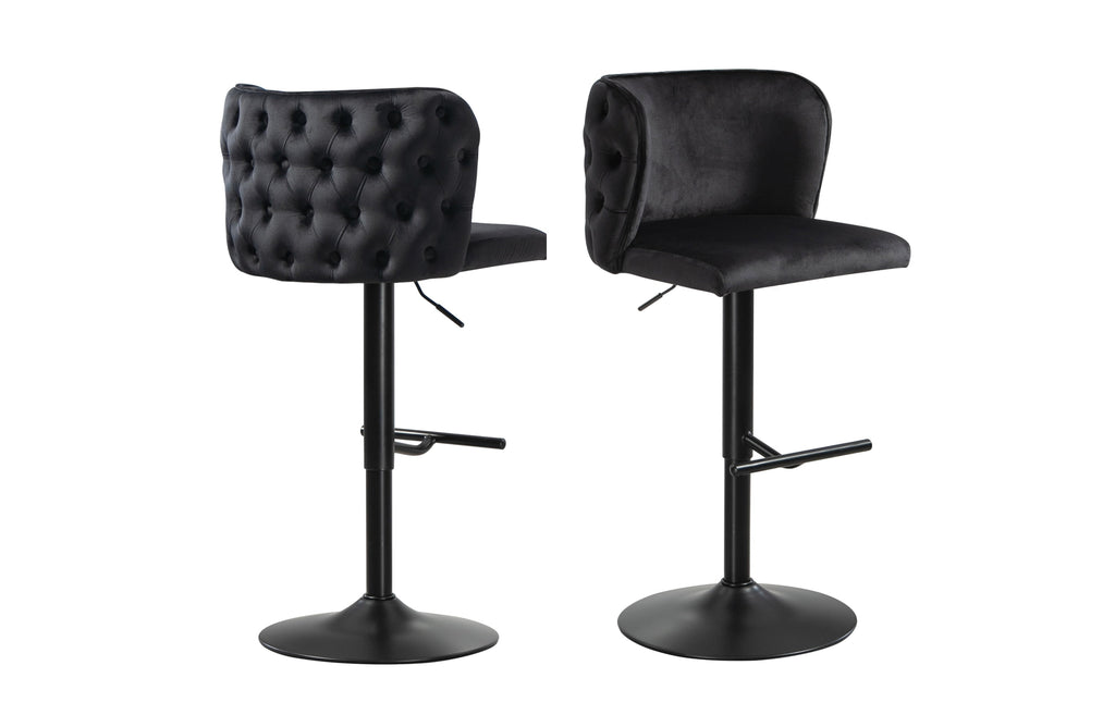 Set of 2 Lara black velvet tufted swivel bar stools with matte black base