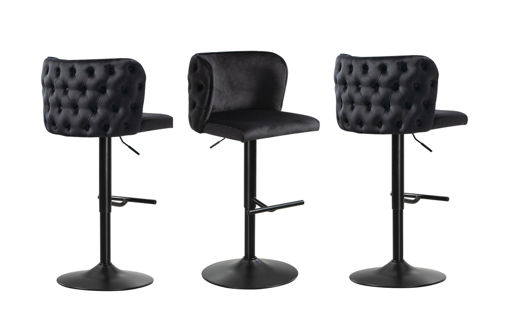 Set of black velvet tufted bar stools with black base and footrest, height adjustable