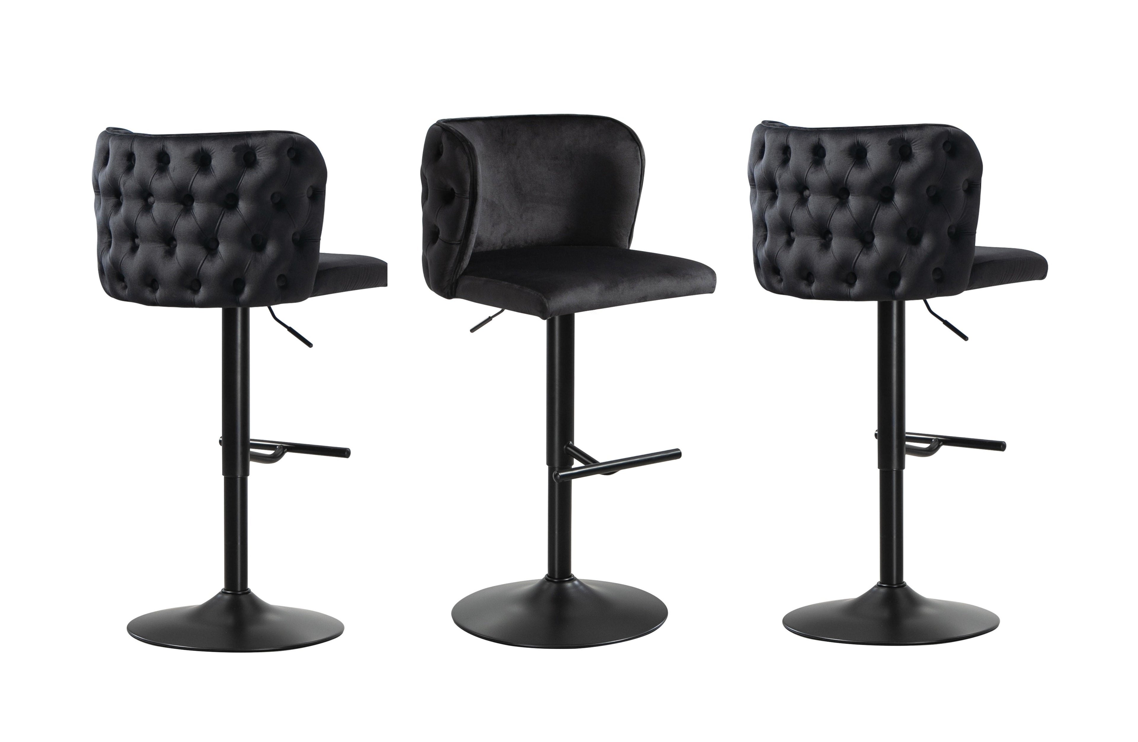 Set of black velvet tufted bar stools with black base and footrest, height adjustable
