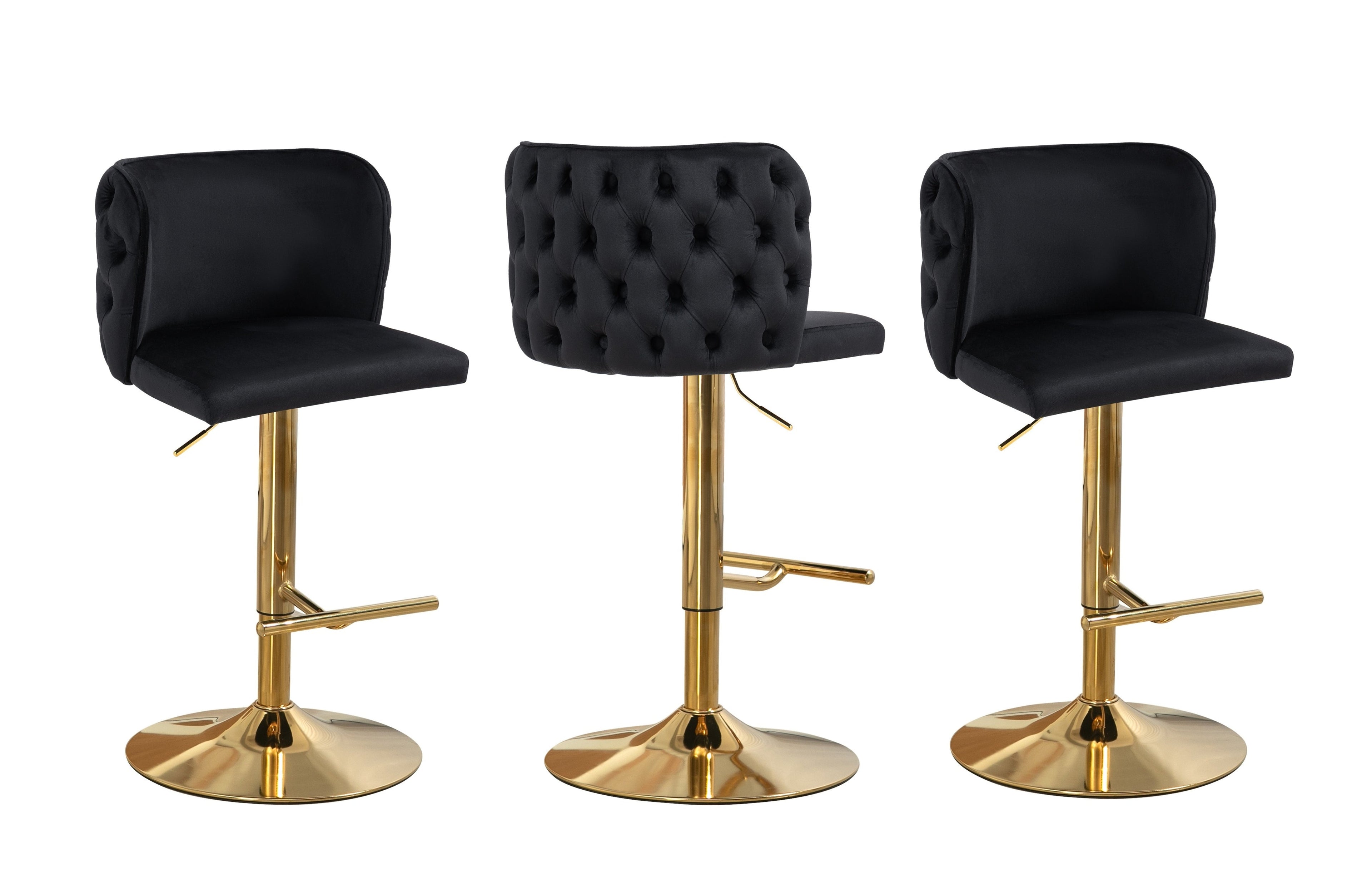 Set of black velvet tufted bar stools with gold base and footrest, height adjustable
