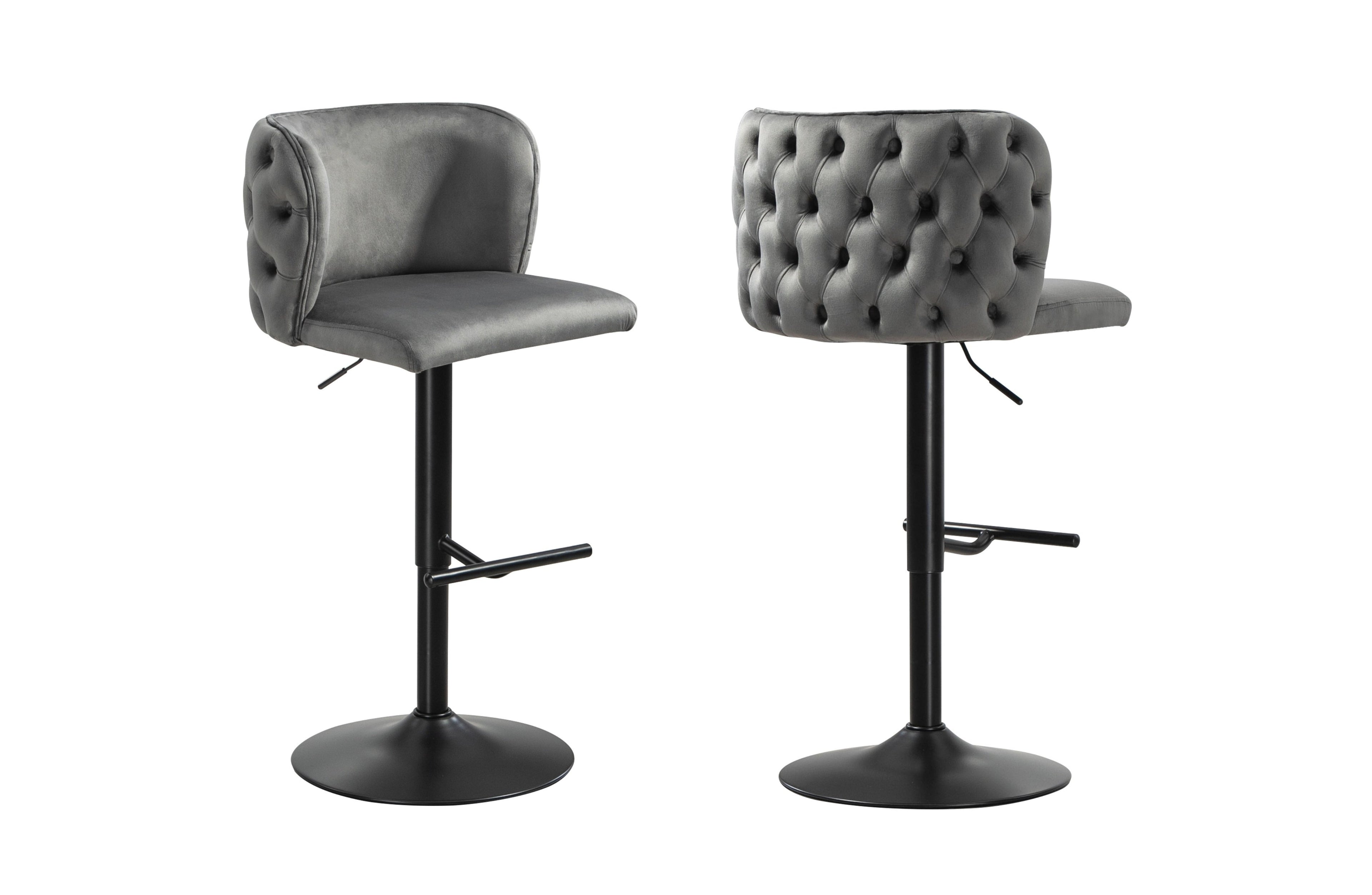 Pair of Lara grey velvet tufted swivel bar stools with black stand and footrest