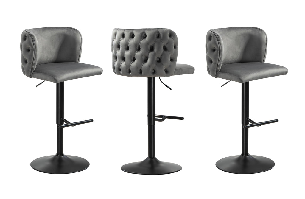 Pair of grey velvet bar stools with button tufted back and black stand, swivel design