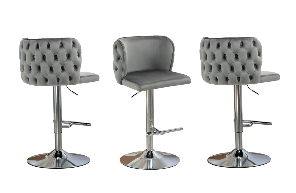 Elegant grey velvet bar stools with tufted backrest and silver chrome adjustable stand