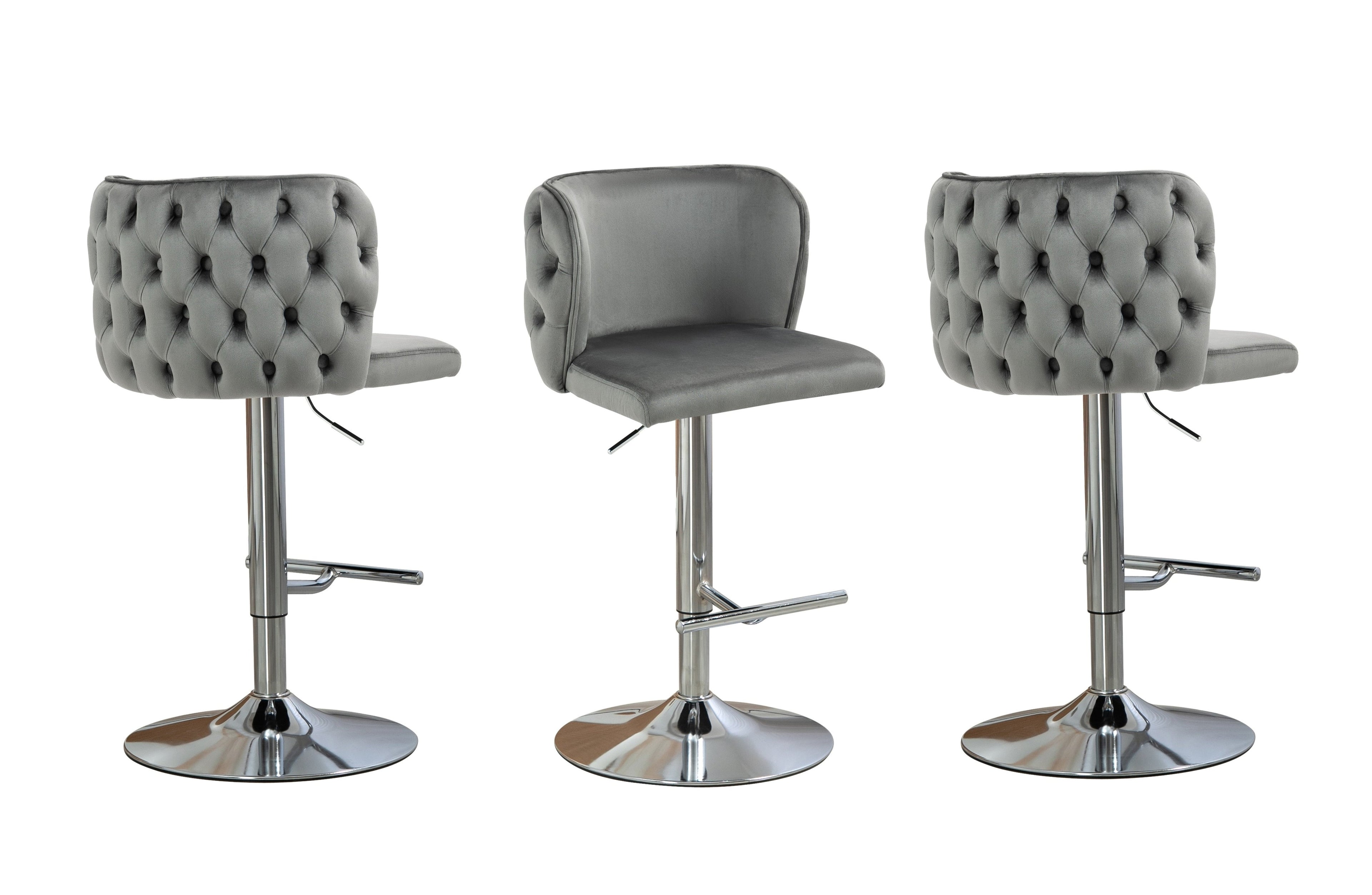 Elegant grey velvet bar stools with tufted backrest and silver chrome adjustable stand