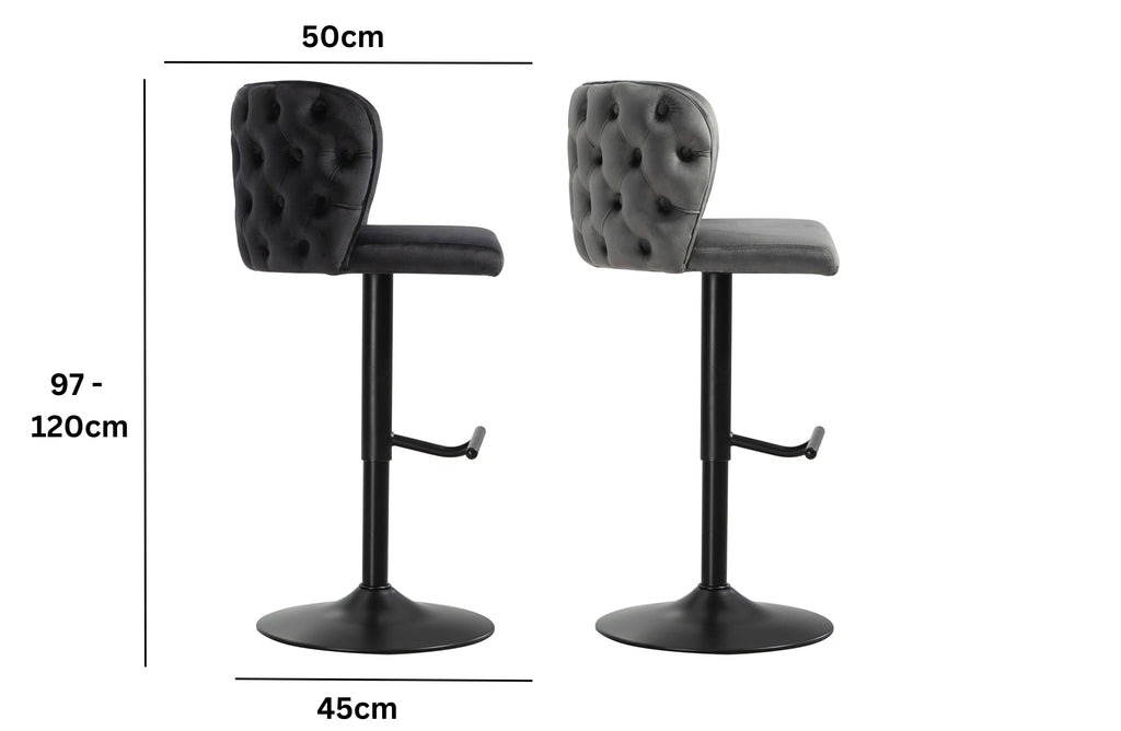 Lara tufted swivel bar stool side profile with adjustable height 97 to 120cm, seat length 50cm, and base diameter 45cm.