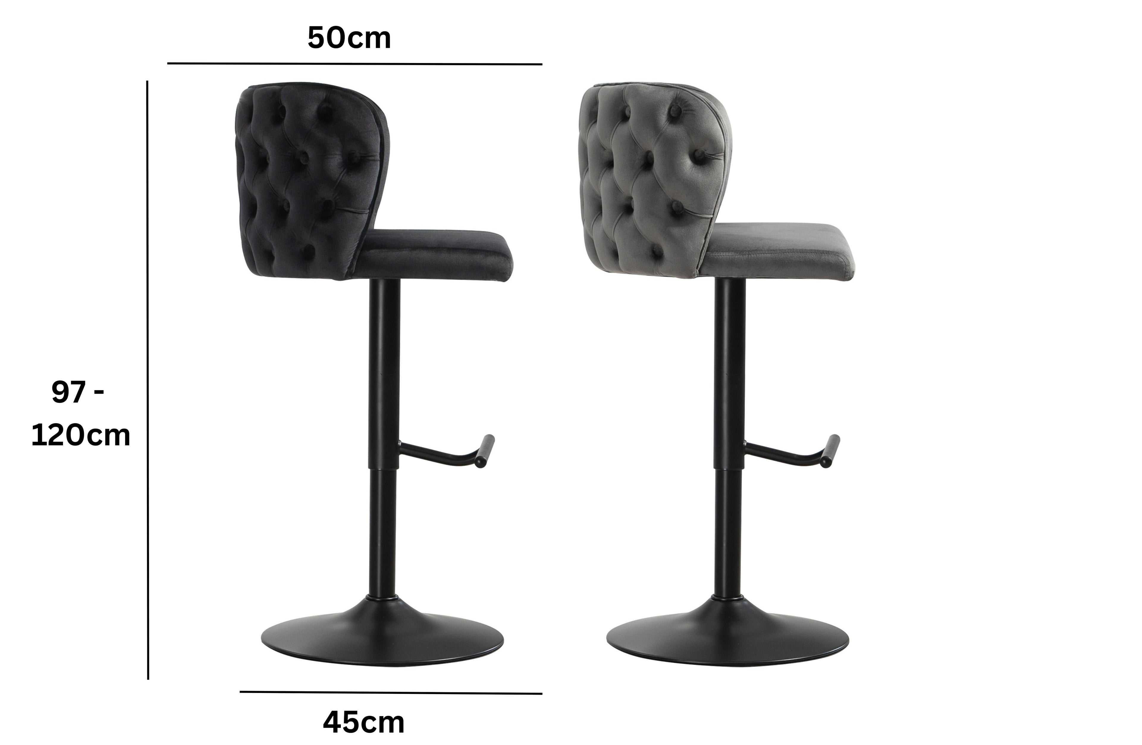 Lara tufted swivel bar stool side profile with adjustable height 97 to 120cm, seat length 50cm, and base diameter 45cm.