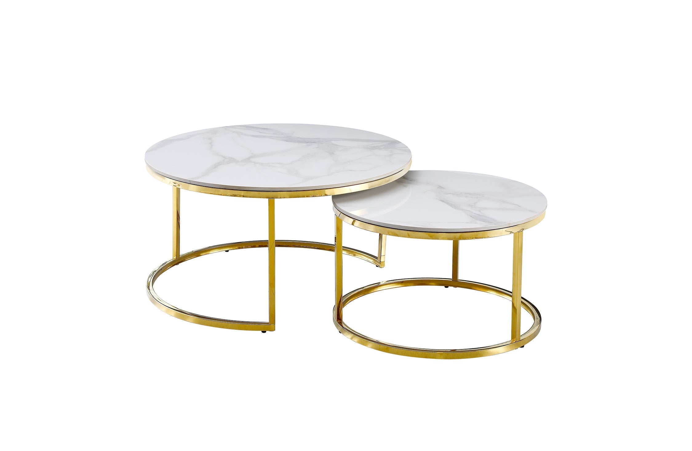 Layla nesting coffee table large set with polished gold metal frame and marble tops.