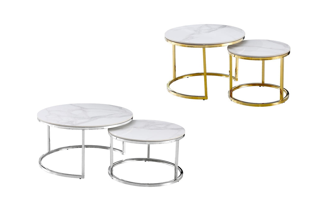 Layla nesting coffee table sets in polished gold and silver frames with marble stone tops.