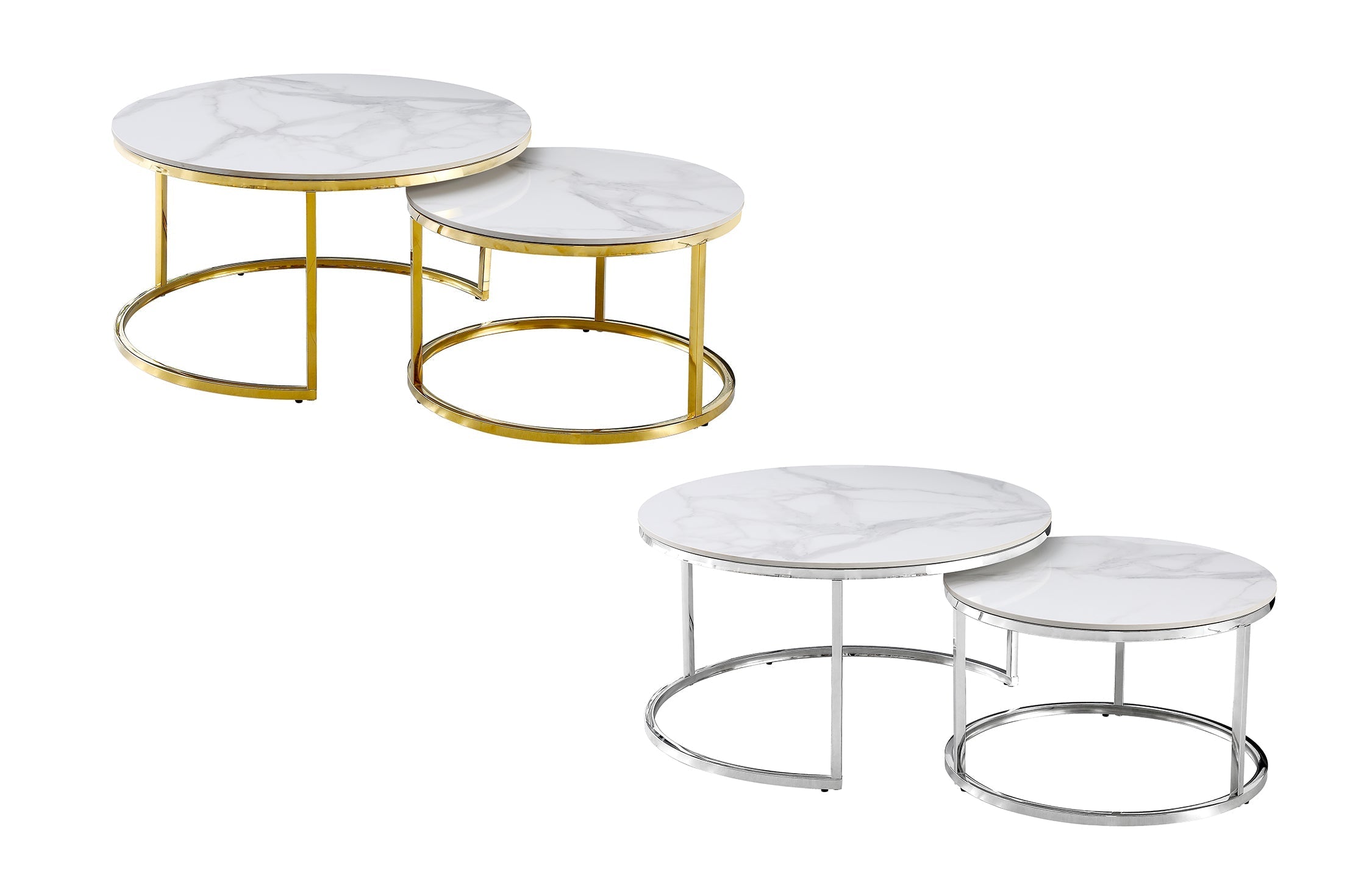 Layla nesting coffee table sets featuring gold and silver polished frames with marble tops.