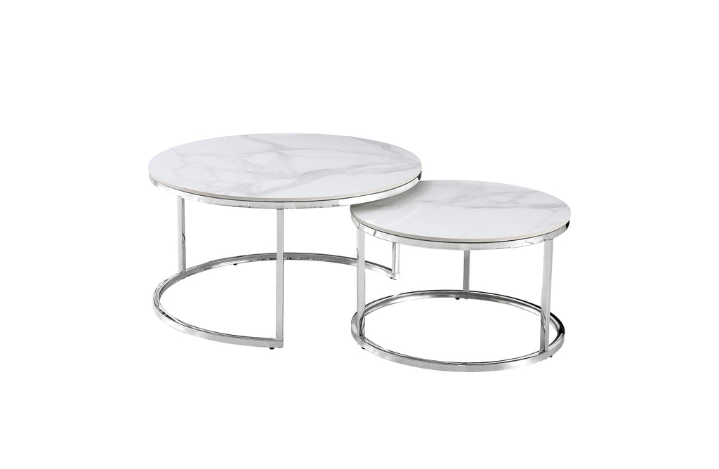 Layla nesting coffee table large set in polished silver frame with white marble stone tops.