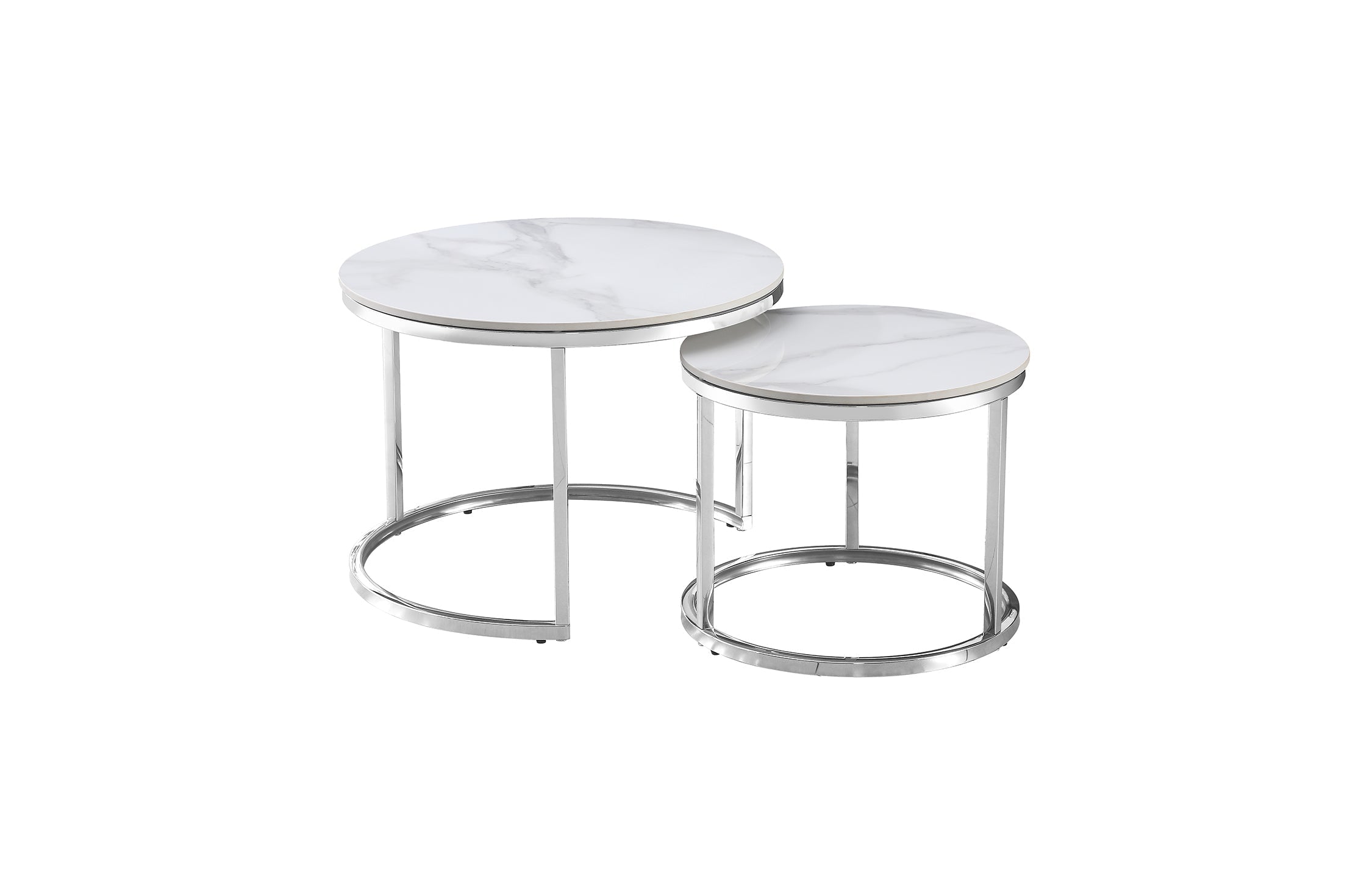 Layla nesting coffee table small set with polished silver metal frame and marble finish tops.