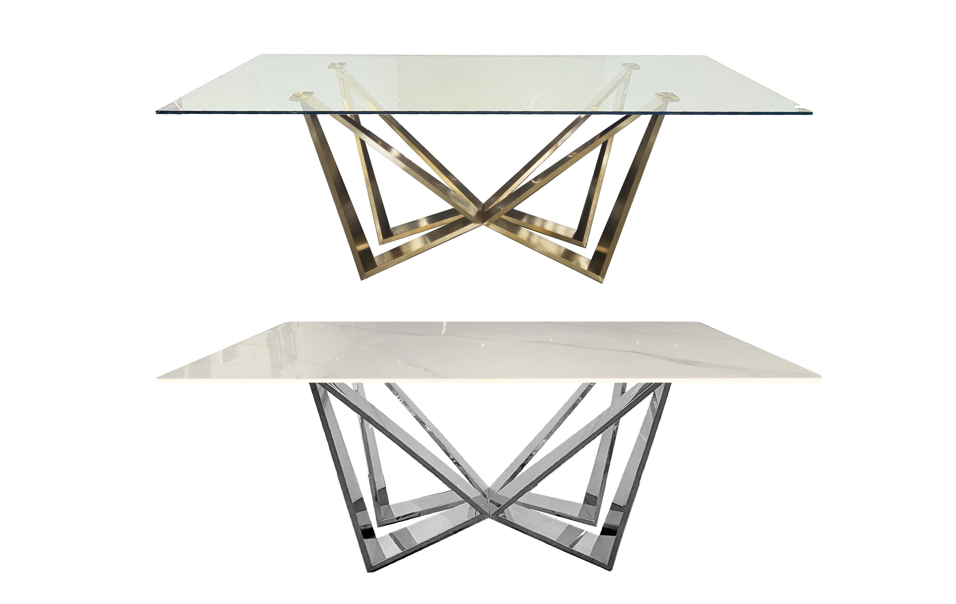 Lenox Dining Table in polished gold and silver frames with marble and glass tops.