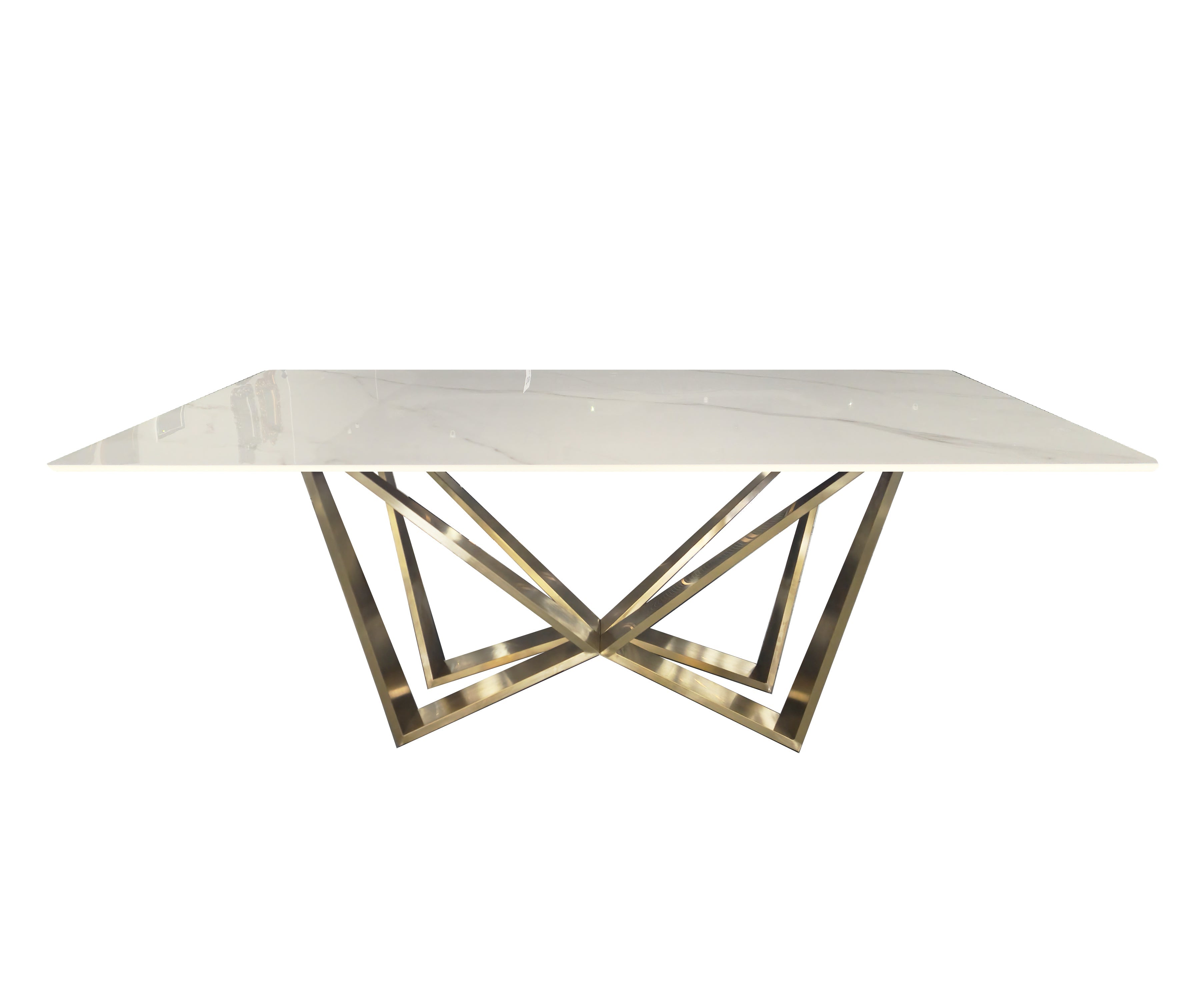 Stylish Lenox Dining Table in gold stainless frame with sleek white marble stone top.