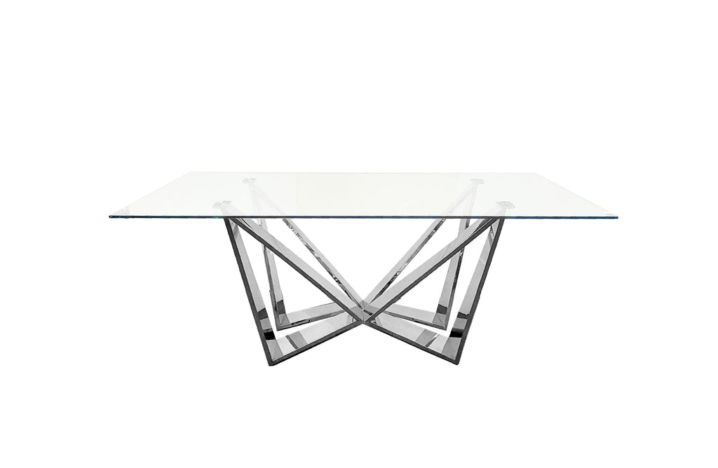 Lenox Dining Table with polished silver stainless steel frame and clear tempered glass top.
