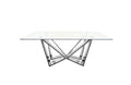 Lenox Dining Table with polished silver stainless steel frame and clear tempered glass top.