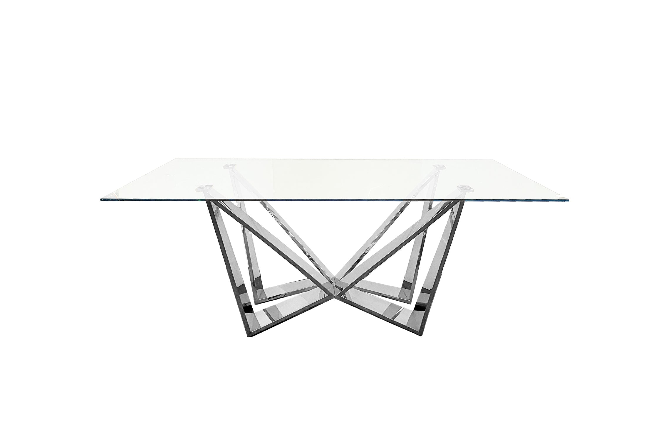 Lenox Dining Table with polished silver stainless steel frame and clear tempered glass top.