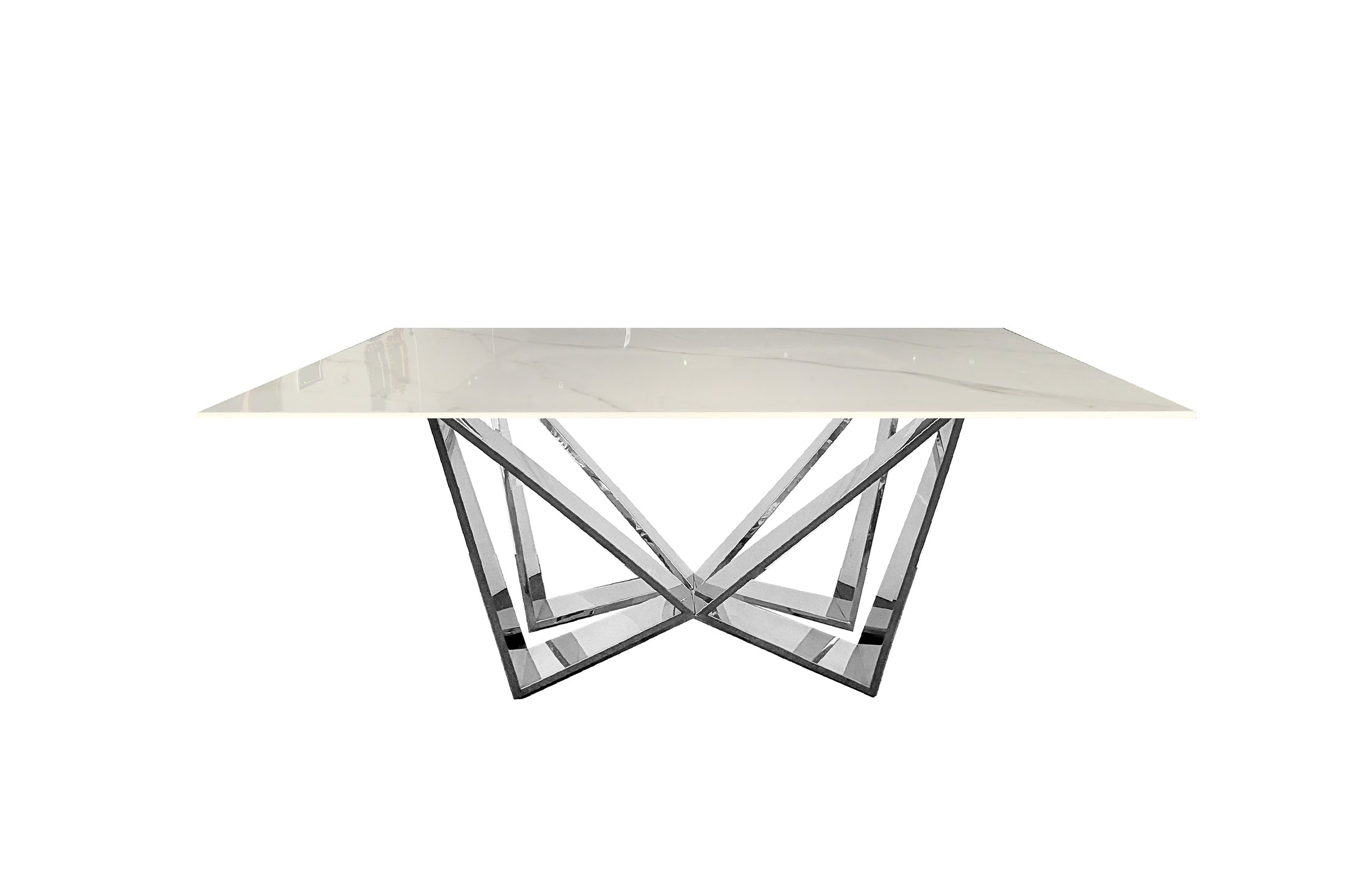 Elegant Lenox Dining Table in polished silver frame with luxurious white marble stone top