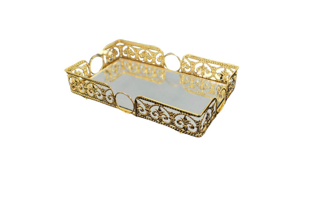 Large gold rectangle Lucy tray with elegant scrollwork and mirror base – ideal for serving or decor display.